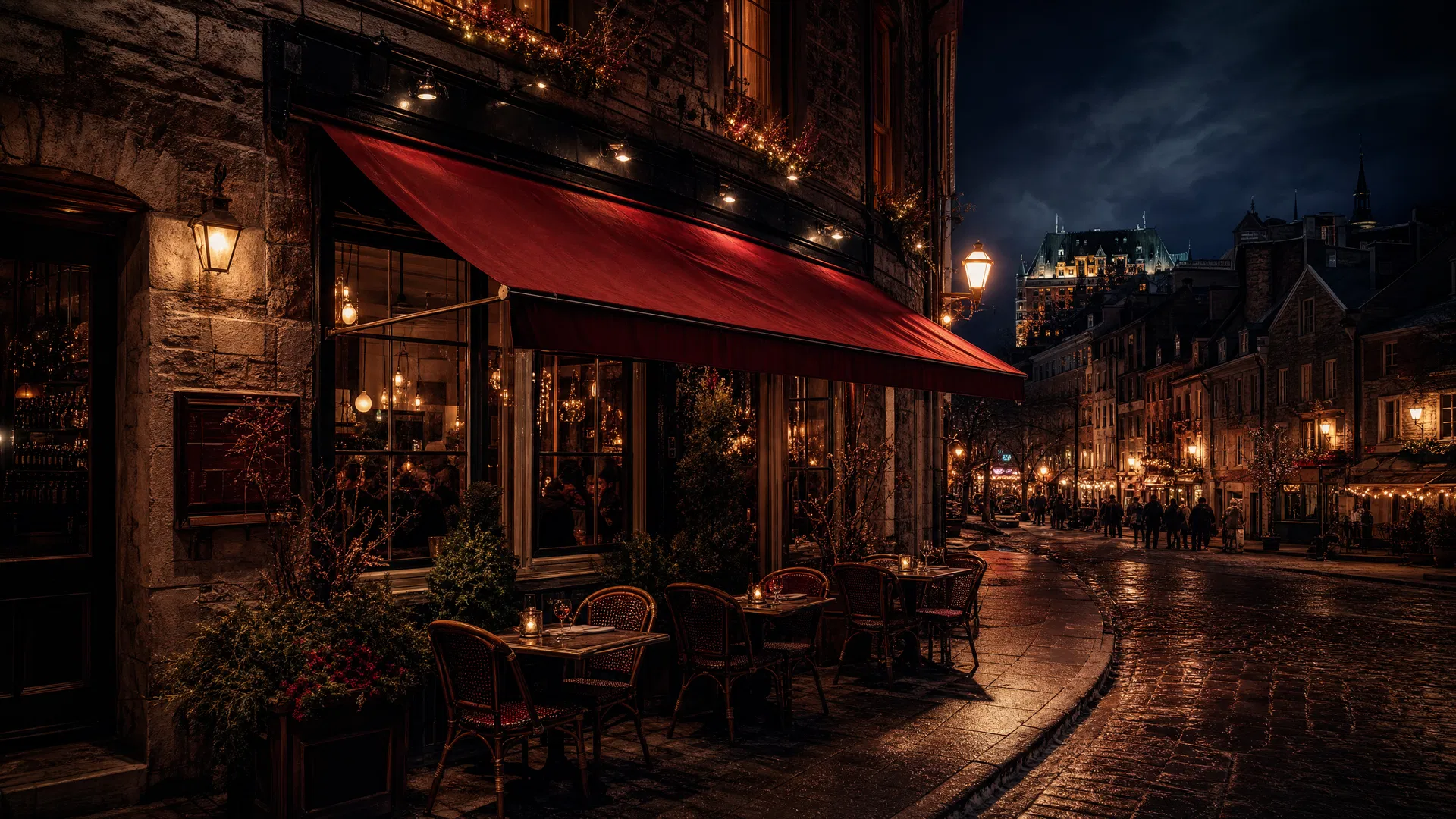 Rue de Québec avec bistro chaleureux, image conceptuelle