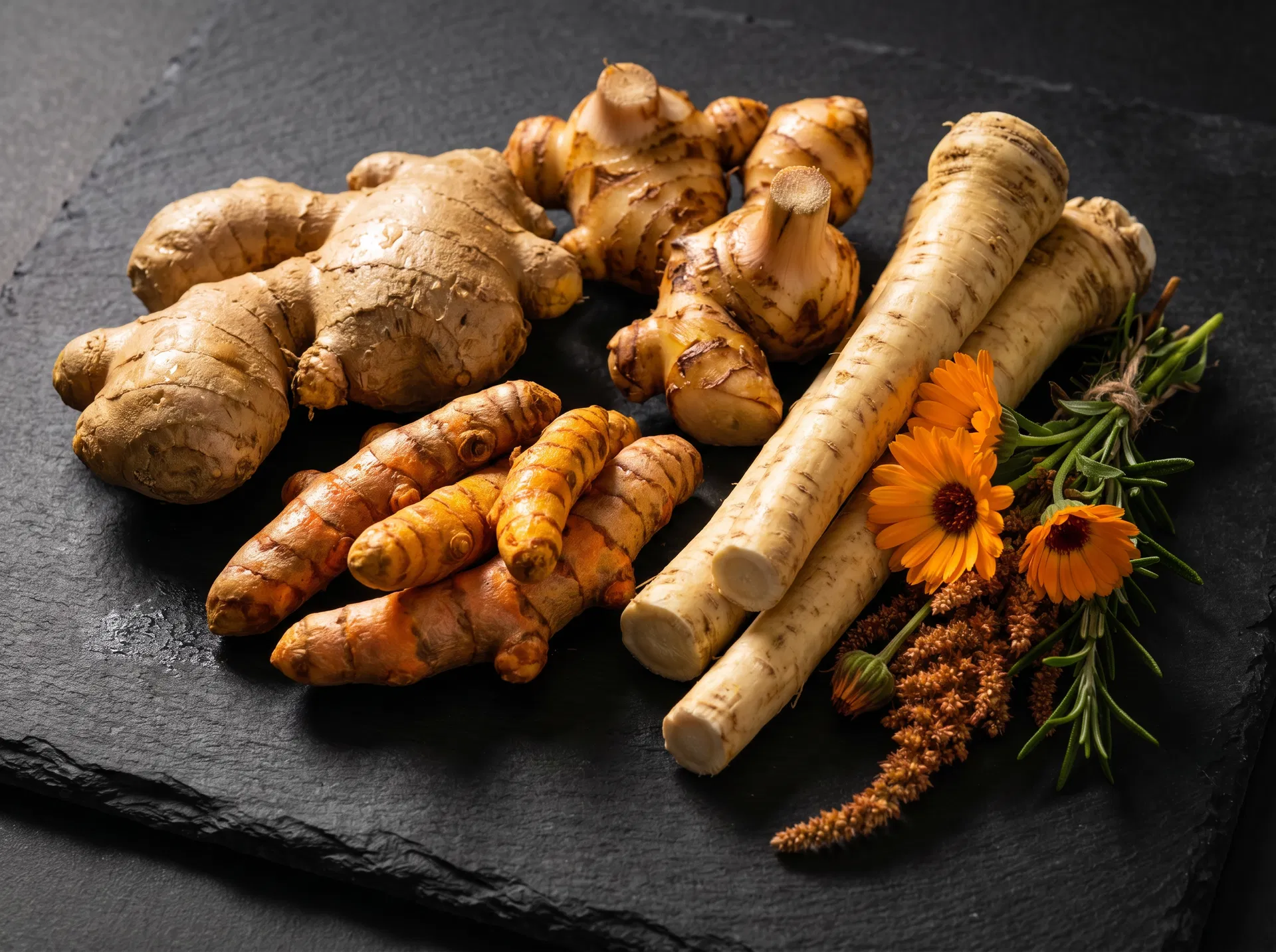 Fresh ginger, turmeric, galangal and horseradish from 'Tween Towns Farm