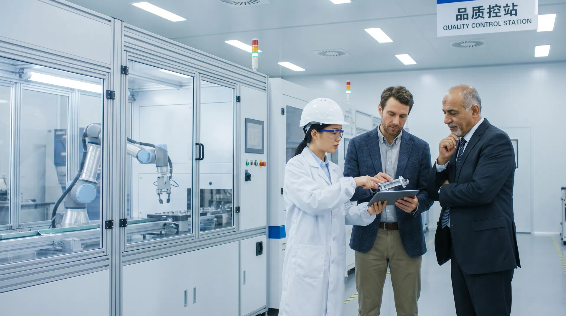 Chinese quality control manager showing production line to international buyers - ZENOR Supply Chain factory inspection