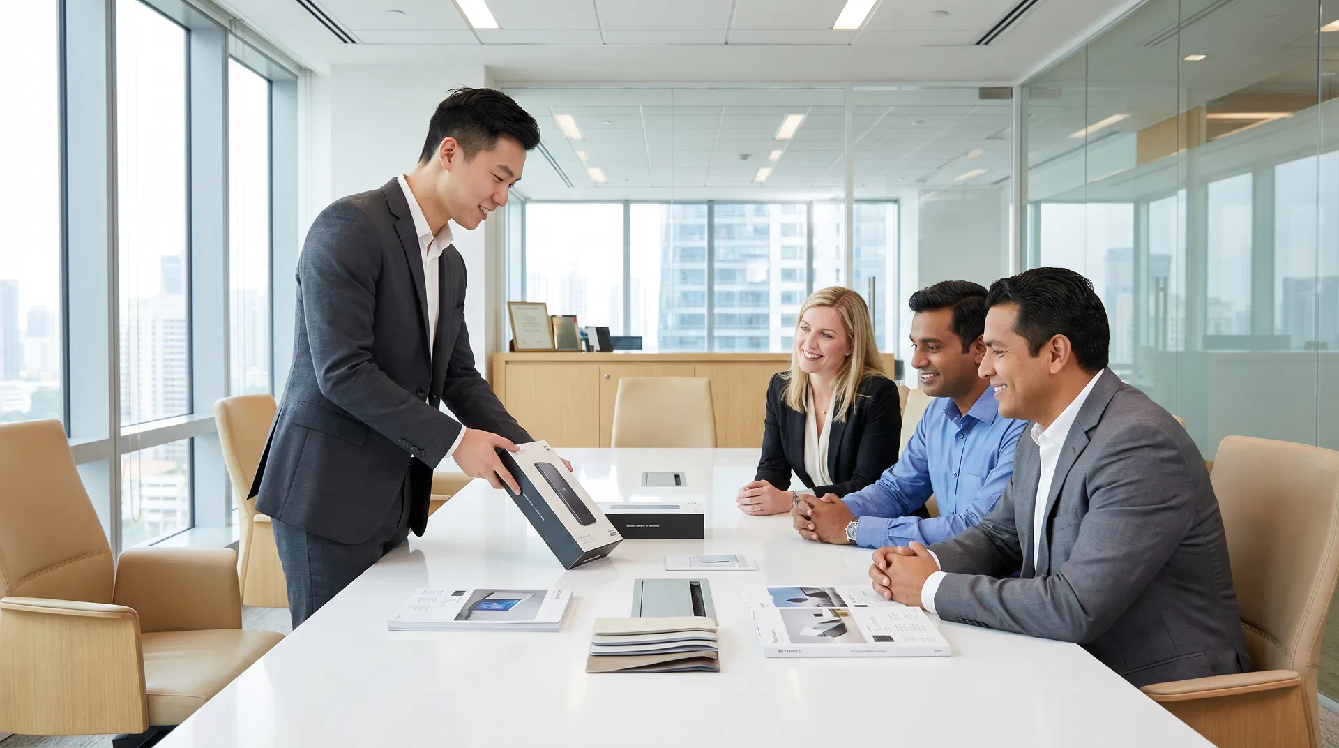 Chinese entrepreneur presenting product samples to international buyers at ZENOR Supply Chain