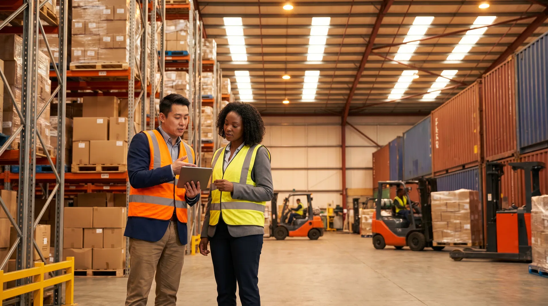 Chinese logistics coordinator and international partner reviewing shipment in warehouse - ZENOR Supply Chain