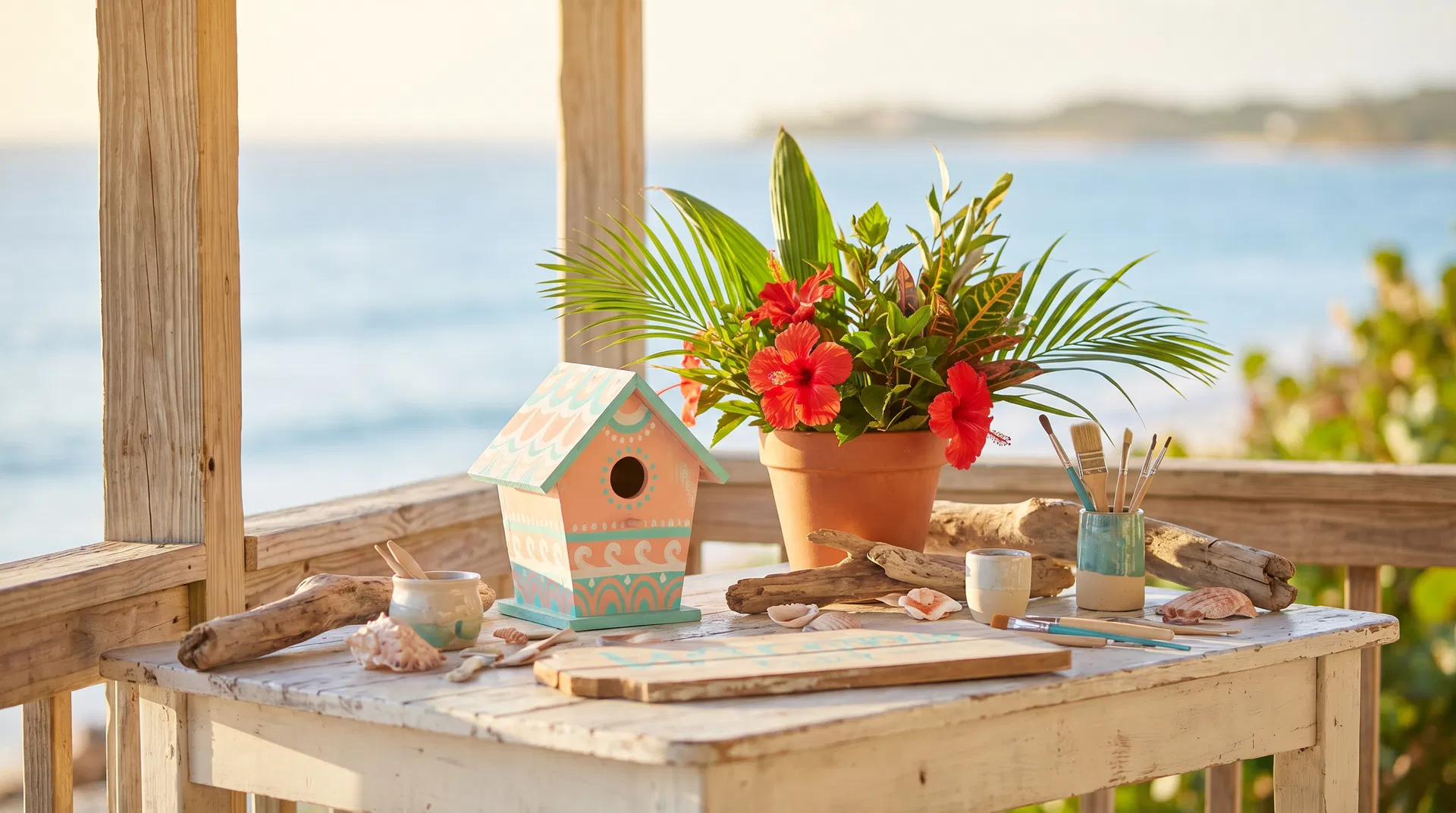 Coastal artisan workshop with hand-painted birdhouse and tropical flowers