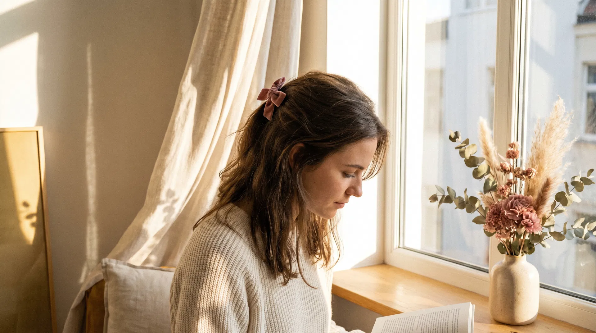 A woman in a cozy room wearing a velvet bow hair clip