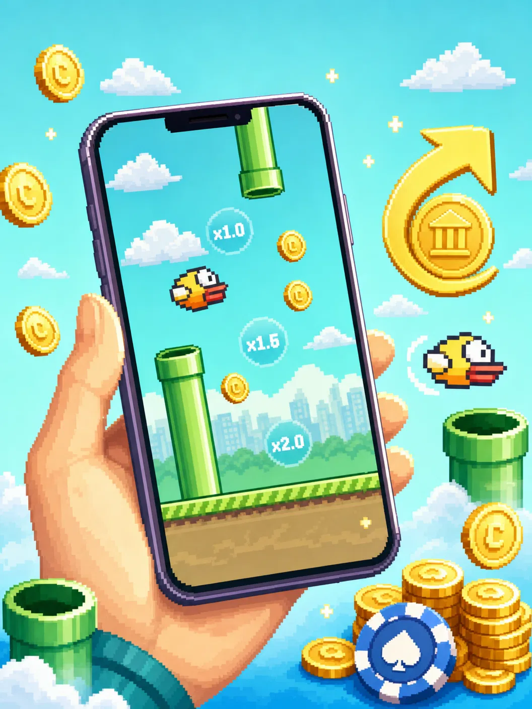 Tappy Bird casino на телефоне с трубами, монетами и множителями