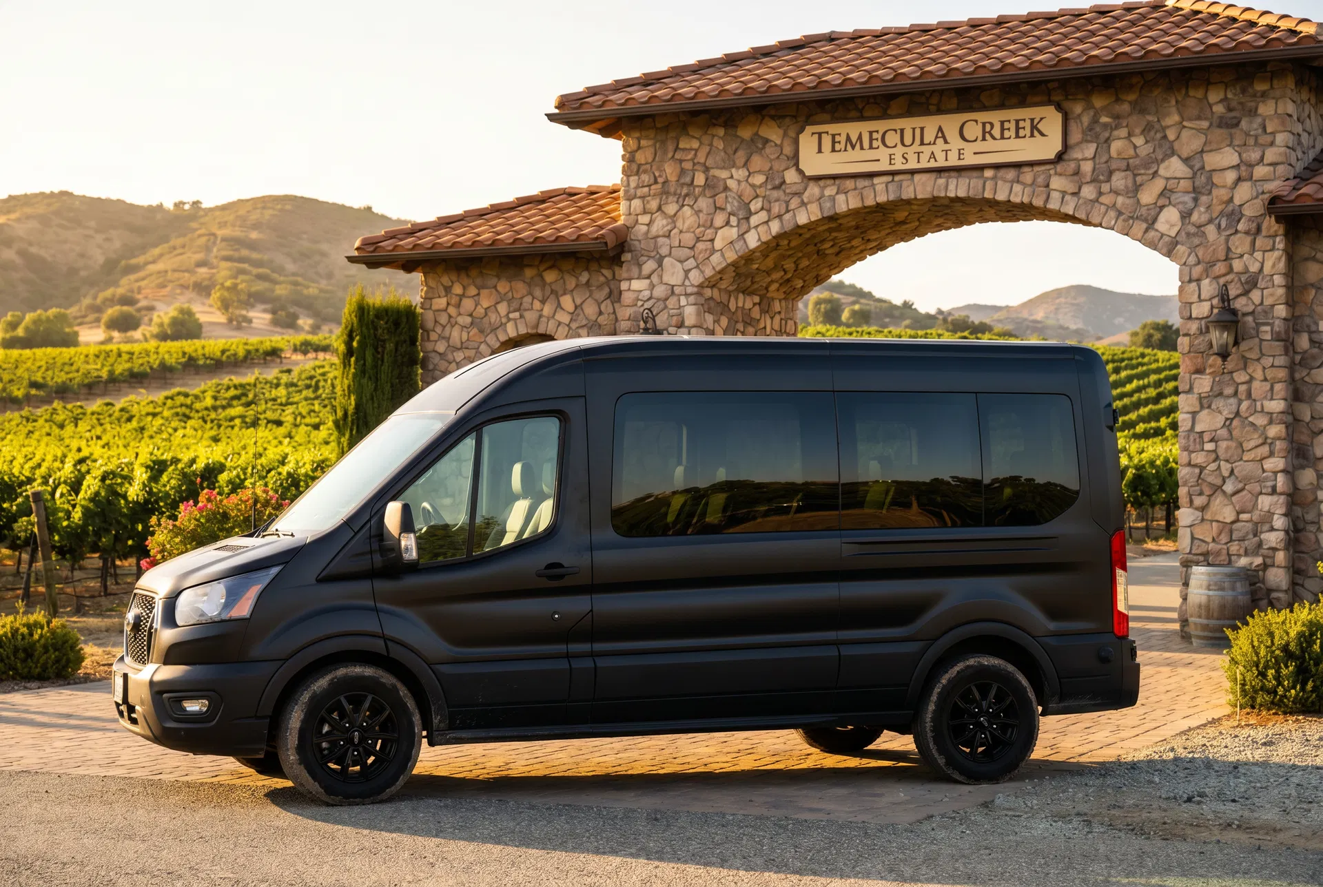 Black 2025 Ford Transit at Temecula winery