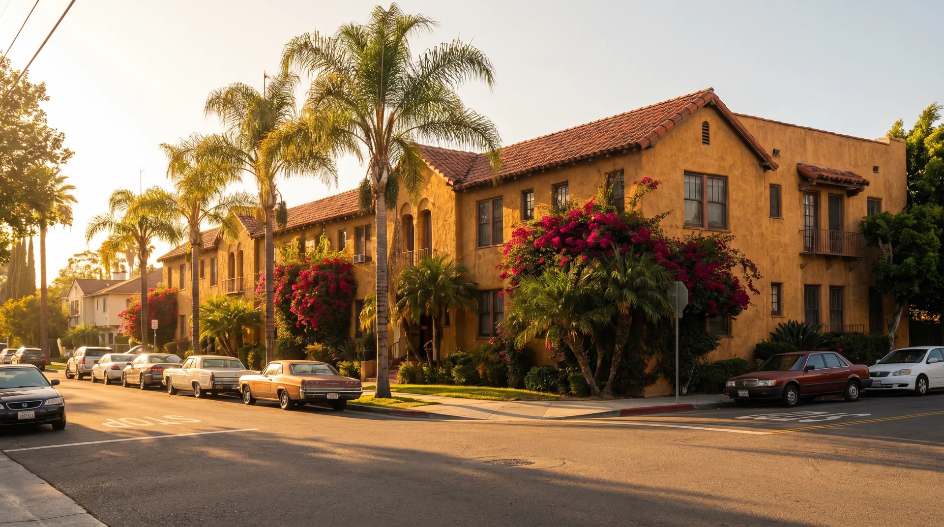 Los Angeles apartment building at golden hour