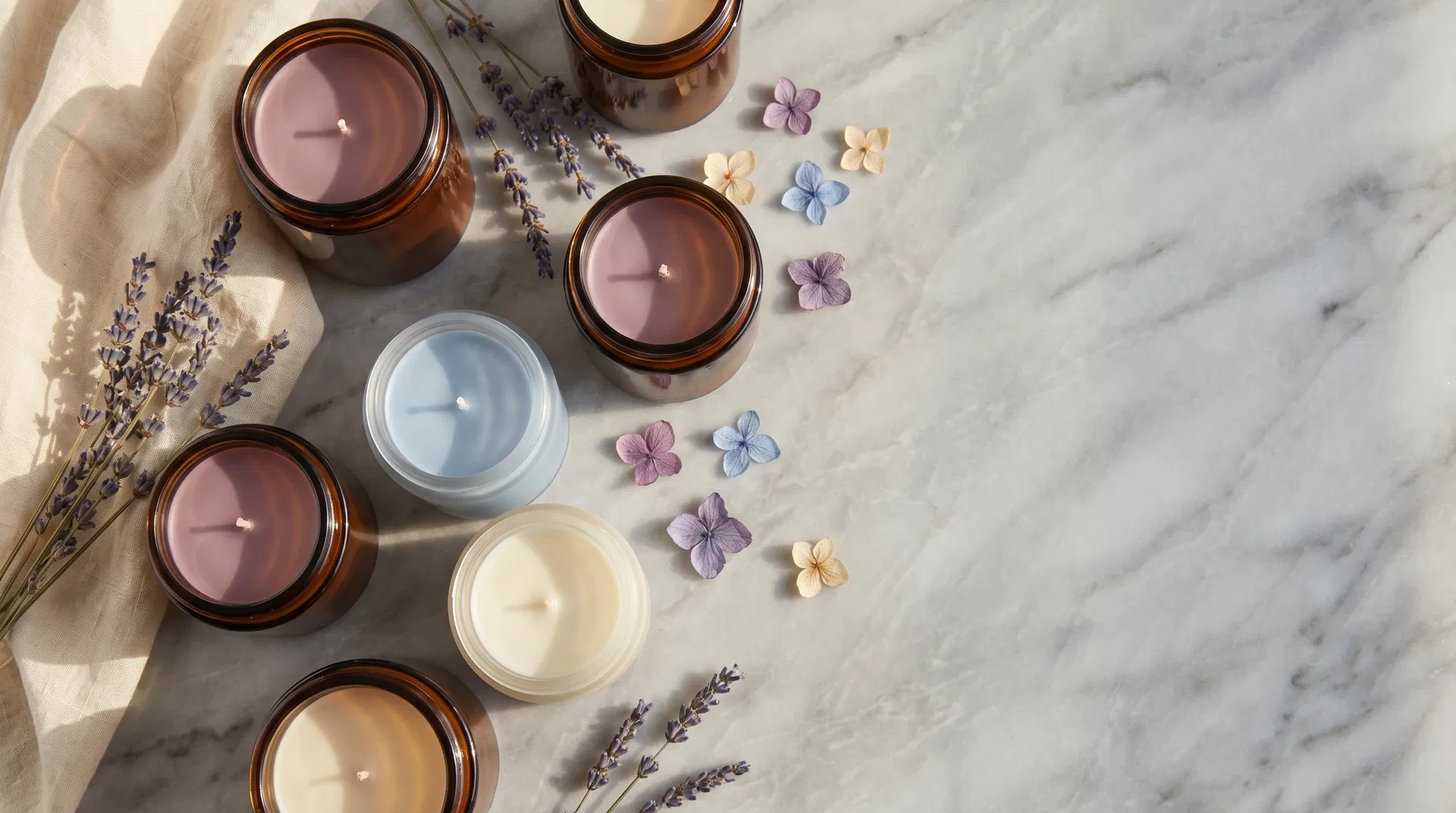 Handcrafted candles flat lay on marble