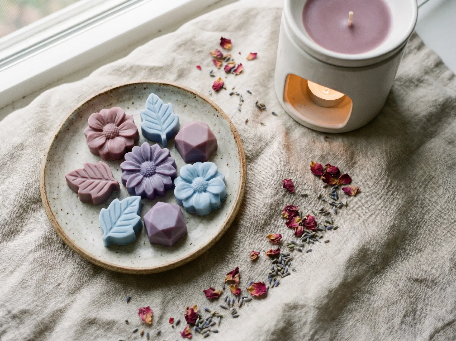 Colorful wax melts on ceramic dish