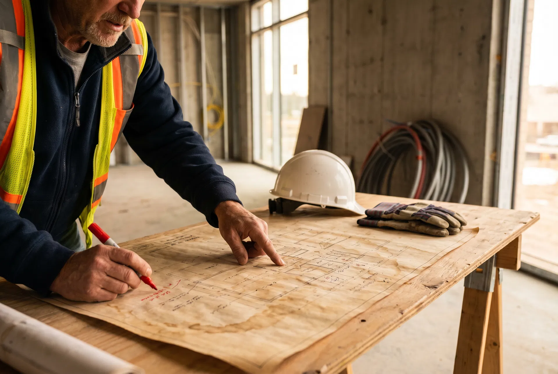 Joe reviewing blueprints on site