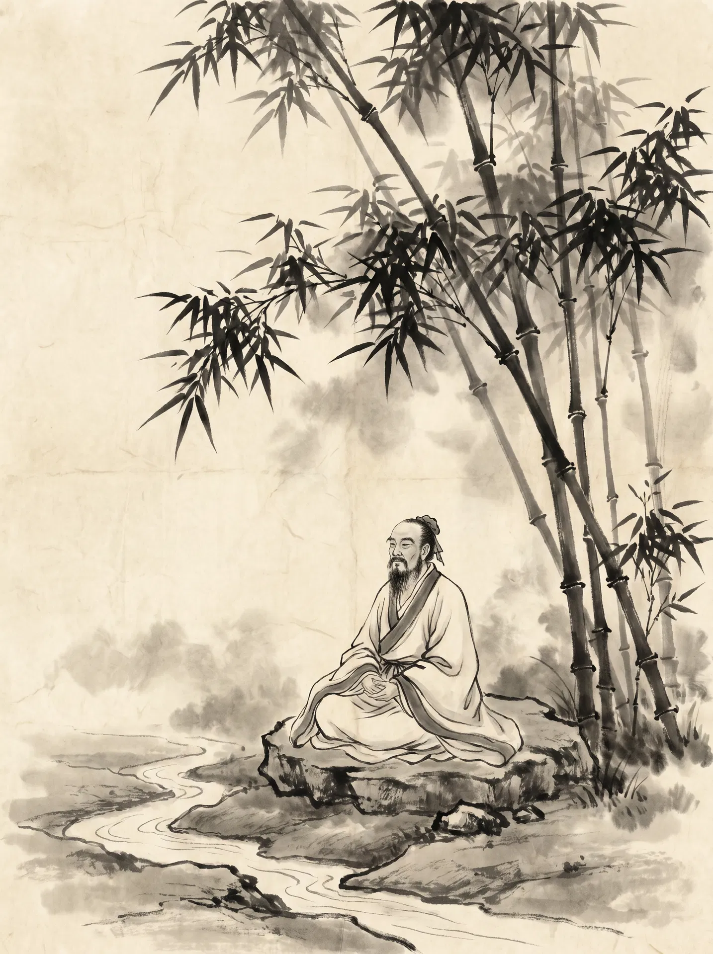 Daoist sage meditating beneath bamboo — ink wash painting
