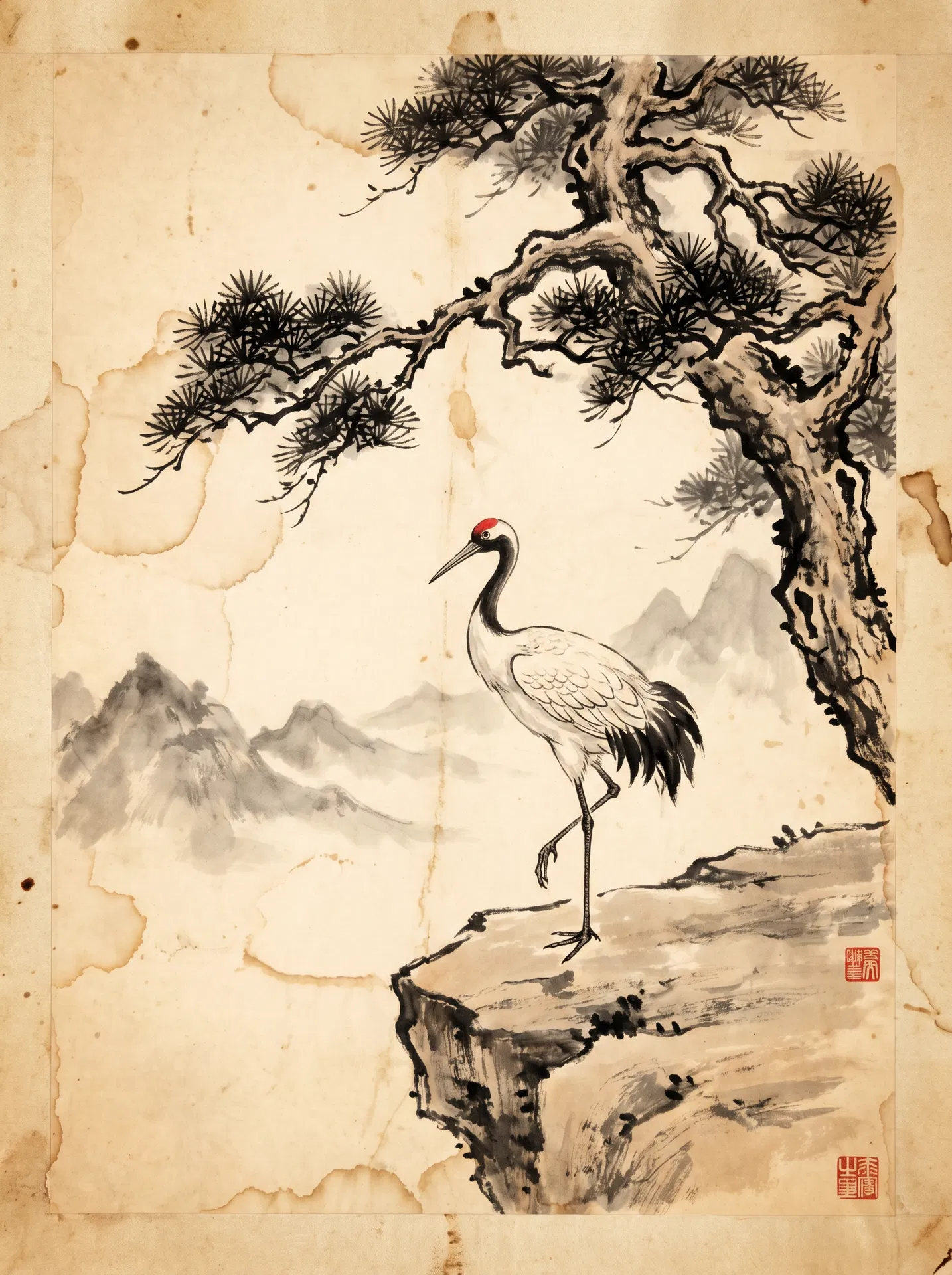 Crane standing beneath ancient pine — symbol of longevity and perseverance