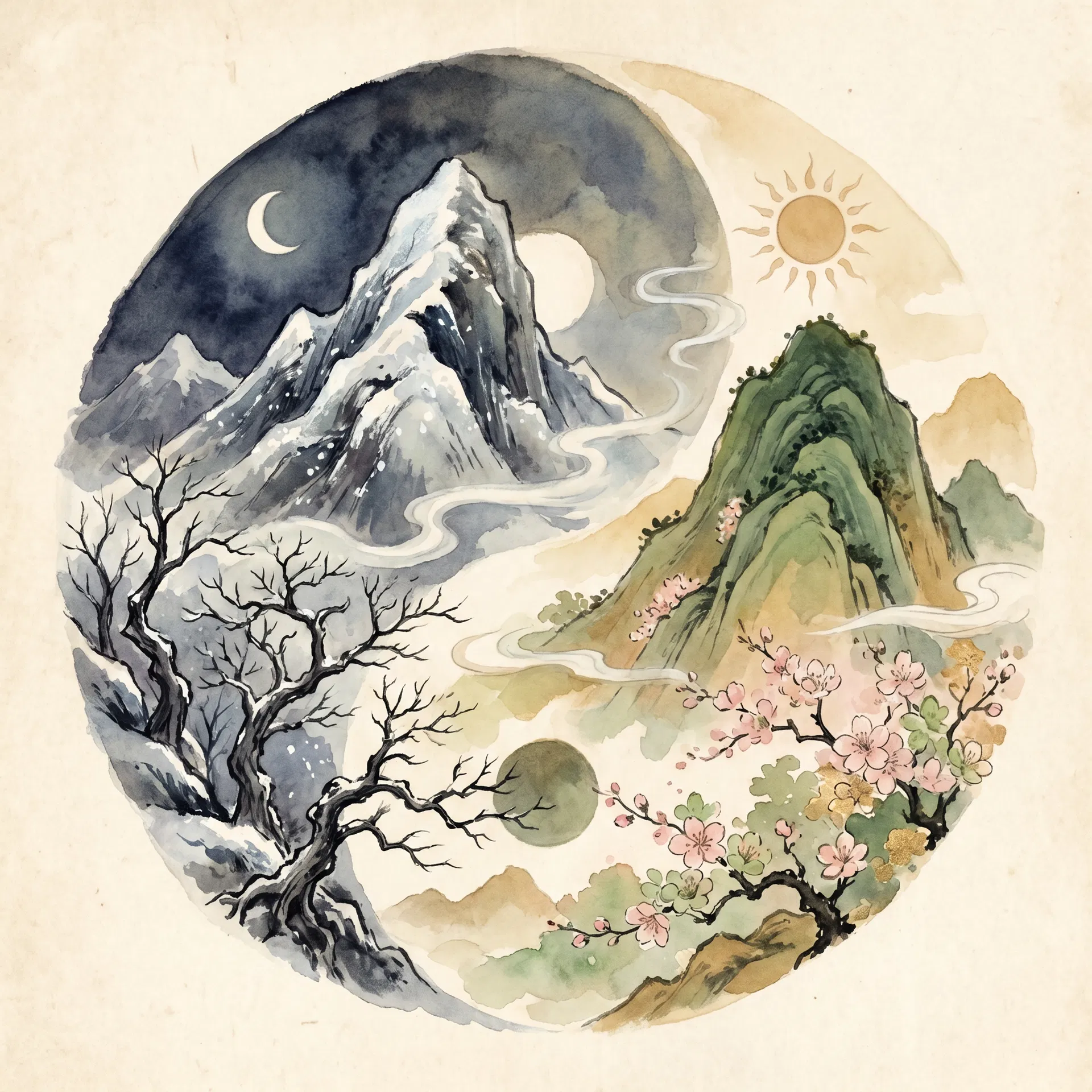 Yin-Yang nature artwork — balance of winter and spring mountains