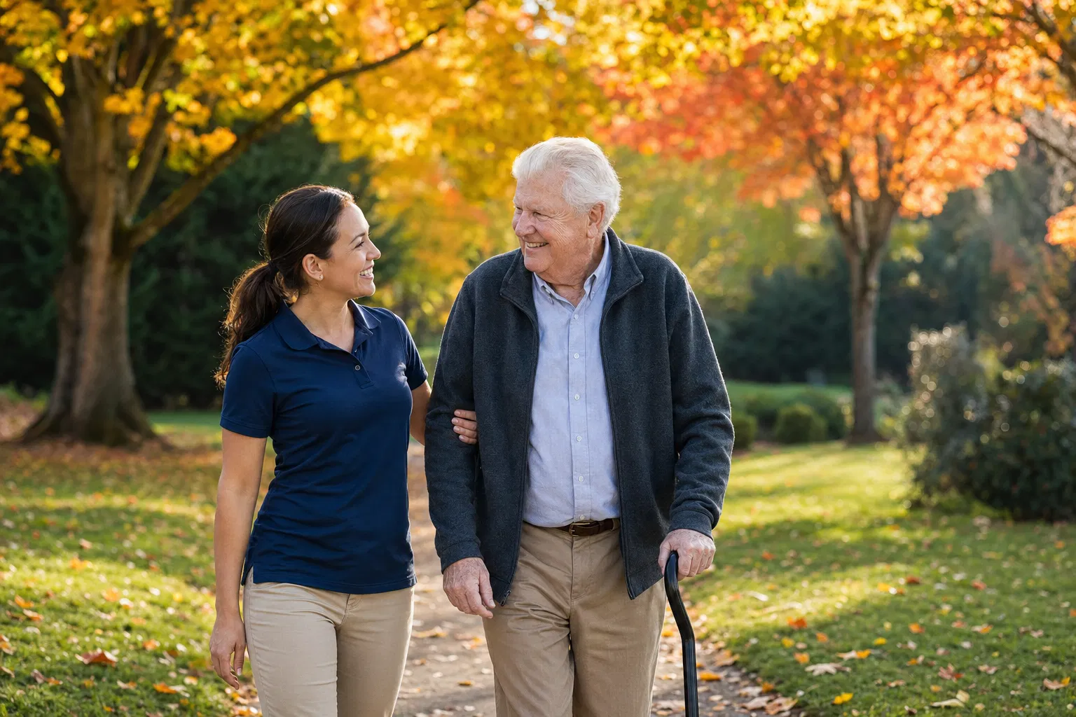 Caregiver walking with senior in autumn park