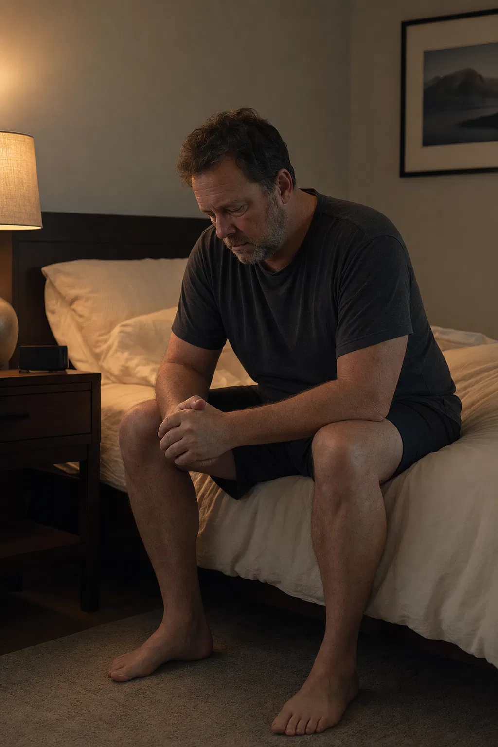 Man sitting on edge of bed feeling low energy and depleted