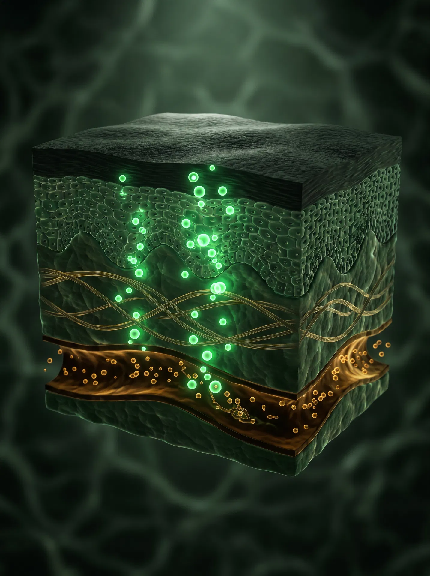 Transdermal absorption — cream molecules penetrating skin layers into bloodstream