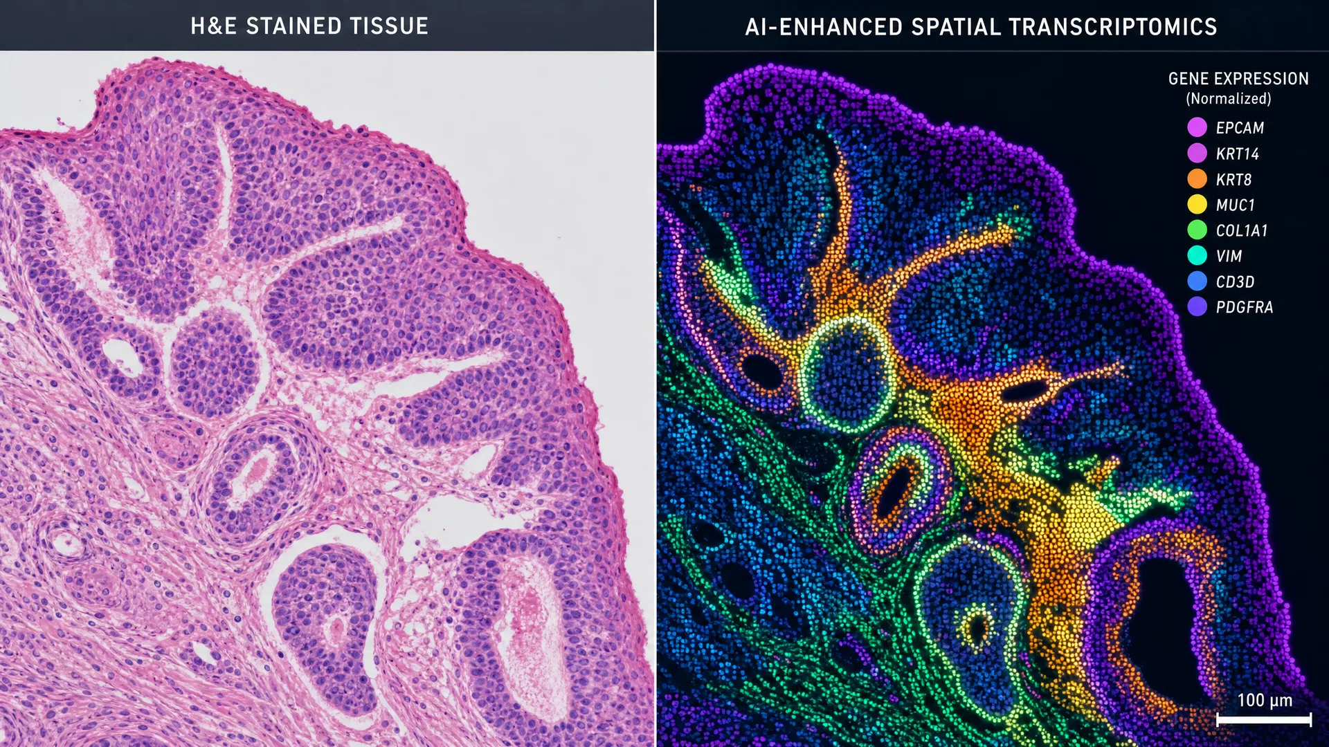 Left: Standard H&E stained tissue slide as seen by a pathologist. Right: AI-enhanced spatial transcriptomics visualization showing gene expression patterns invisible to conventional analysis.