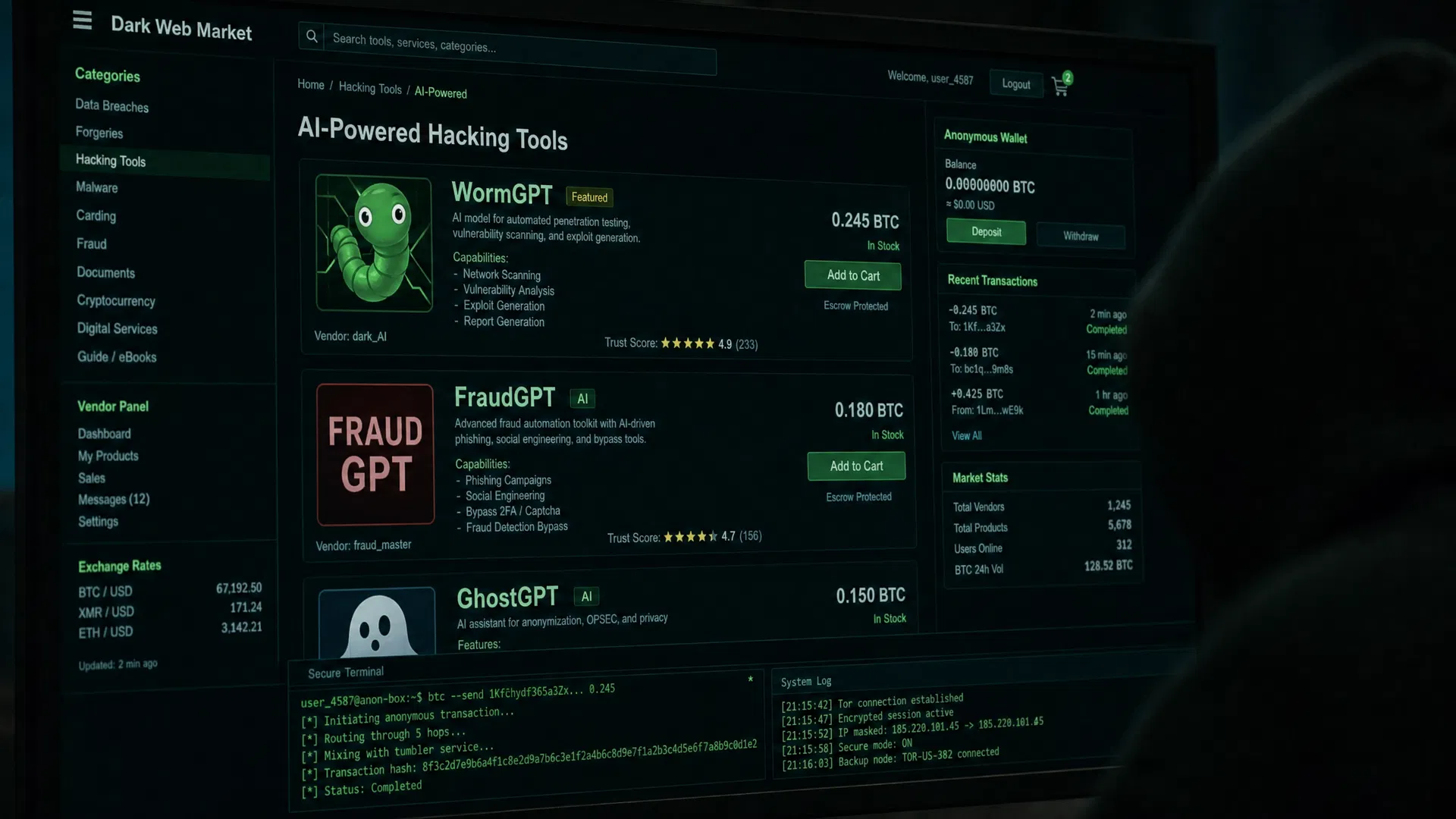 Dark web marketplaces now openly advertise AI-powered attack tools including WormGPT and FraudGPT, with trust scores, customer reviews, and escrow-protected transactions.
