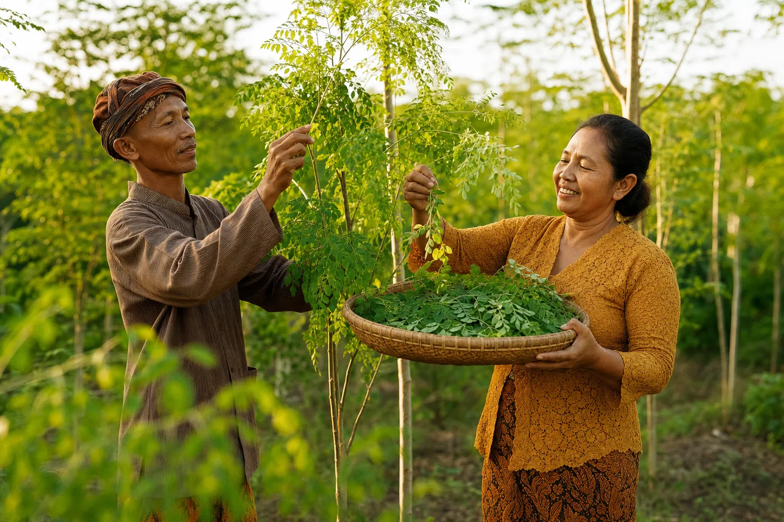 Indonesian farmers harvesting moringa leaves