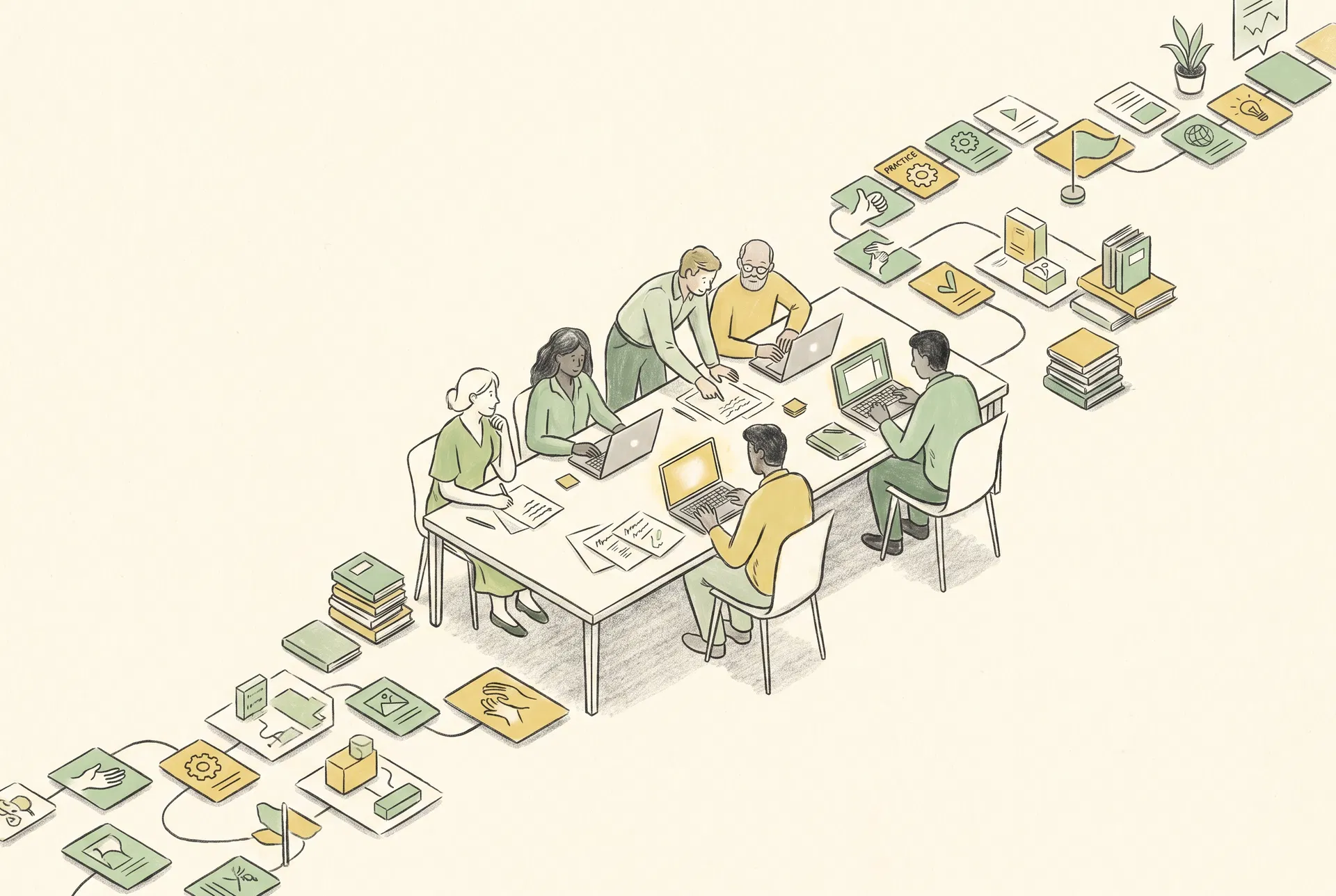 Ilustração de jornada de aprendizagem com pessoas colaborando em uma mesa