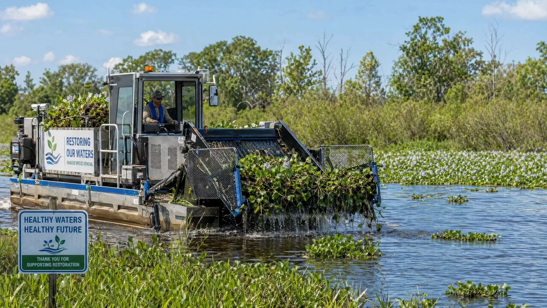 Working hands on a US waterway, removing invasive water hyacinth from a small boat.