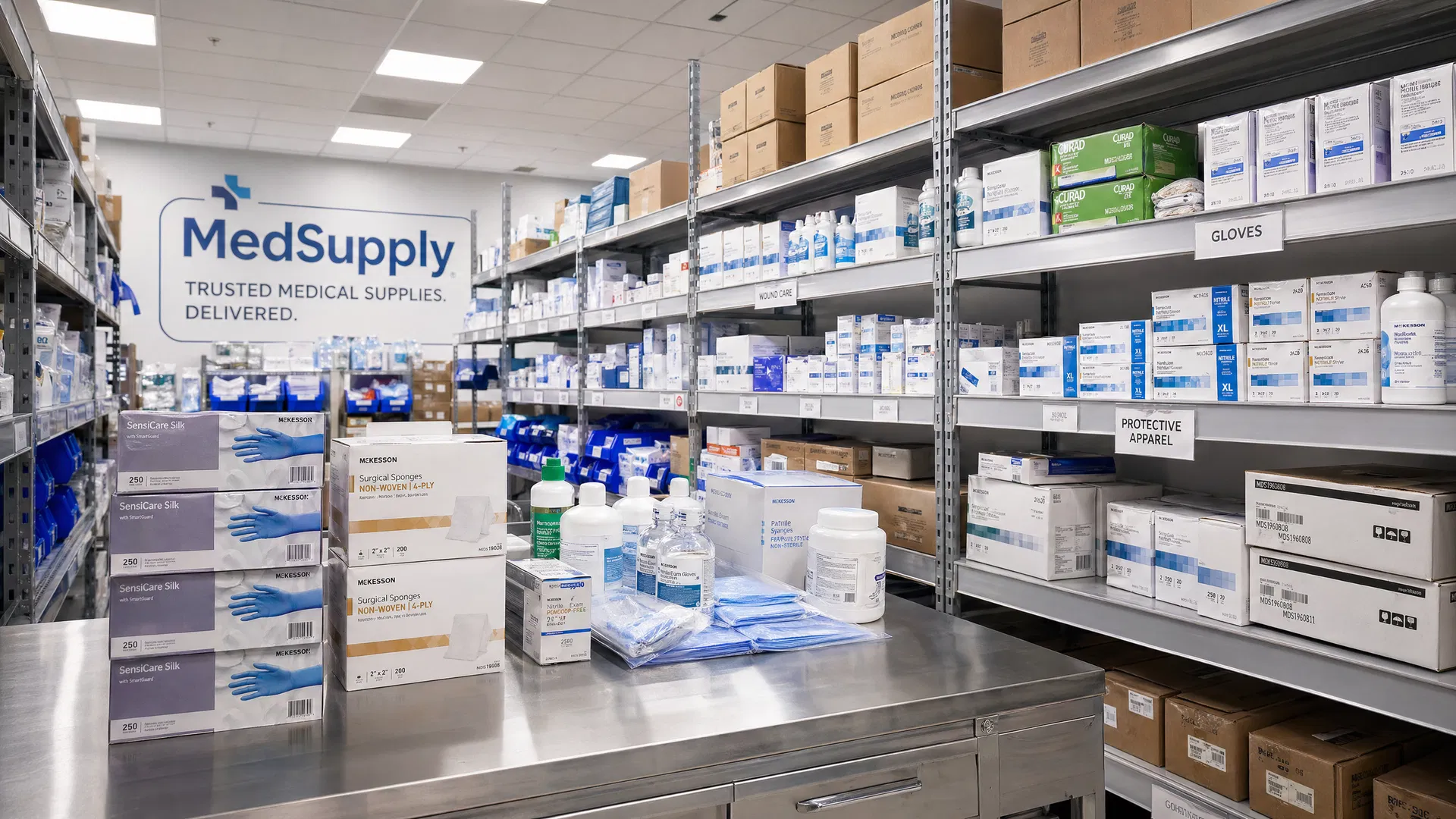 Medical products staging area showing organized inventory of PPE, wound care supplies, and exam-room consumables.