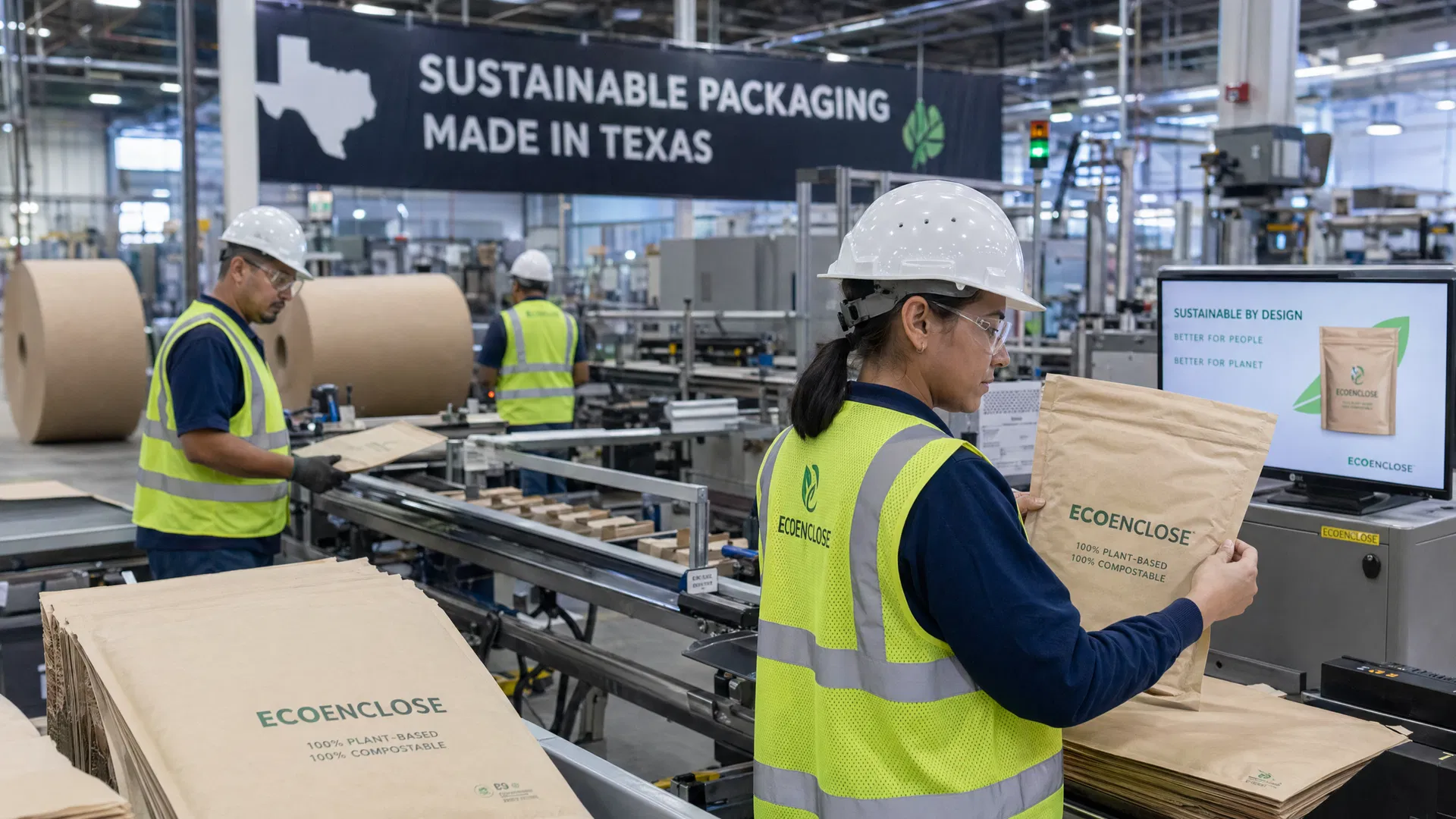 Workers on a Texas packaging manufacturing line inspecting biodegradable plant-fiber mailers and food-service packaging.