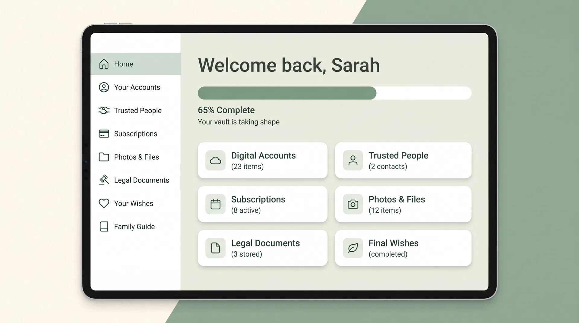 LegacyVault dashboard showing organized categories, progress tracking, and trusted contacts
