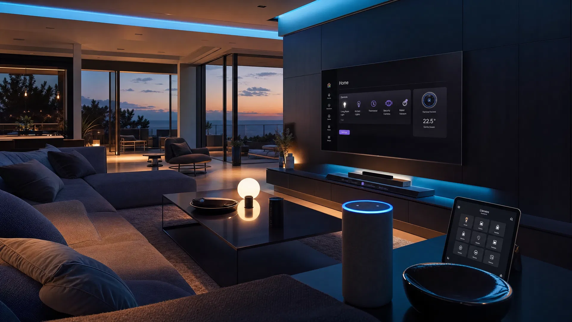 Modern smart home interior with automated lighting and technology controls