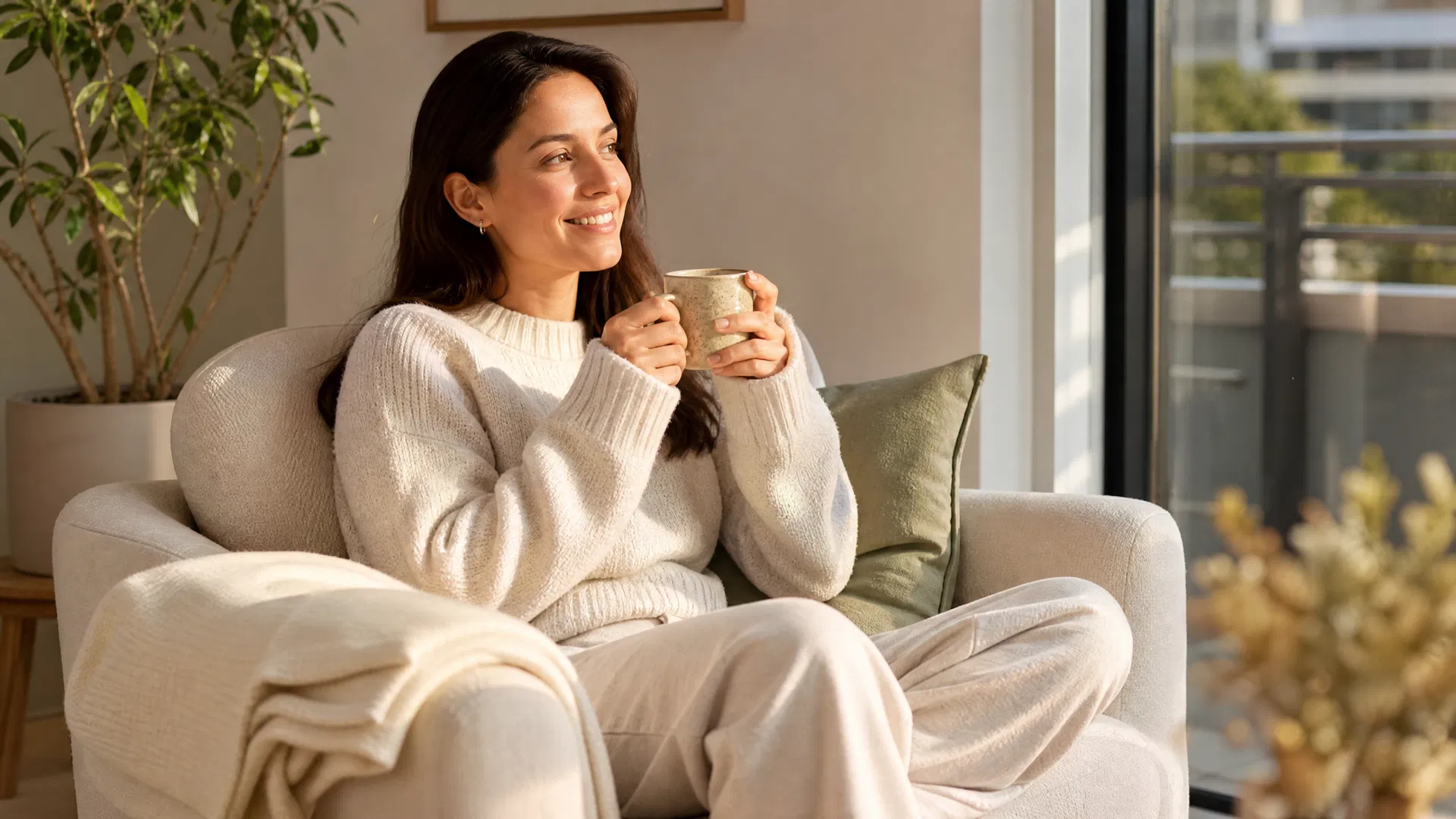 Mujer disfrutando café en sillón limpio