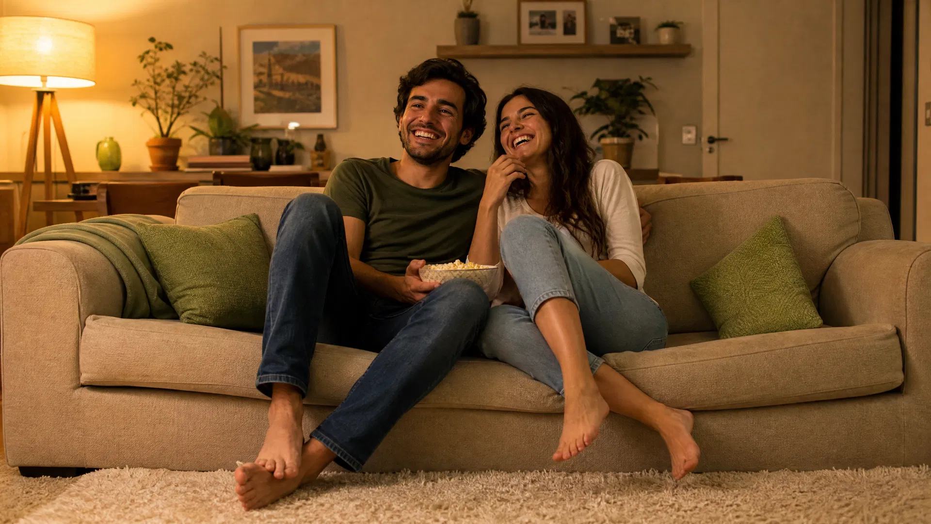 Pareja disfrutando noche de cine en living renovado