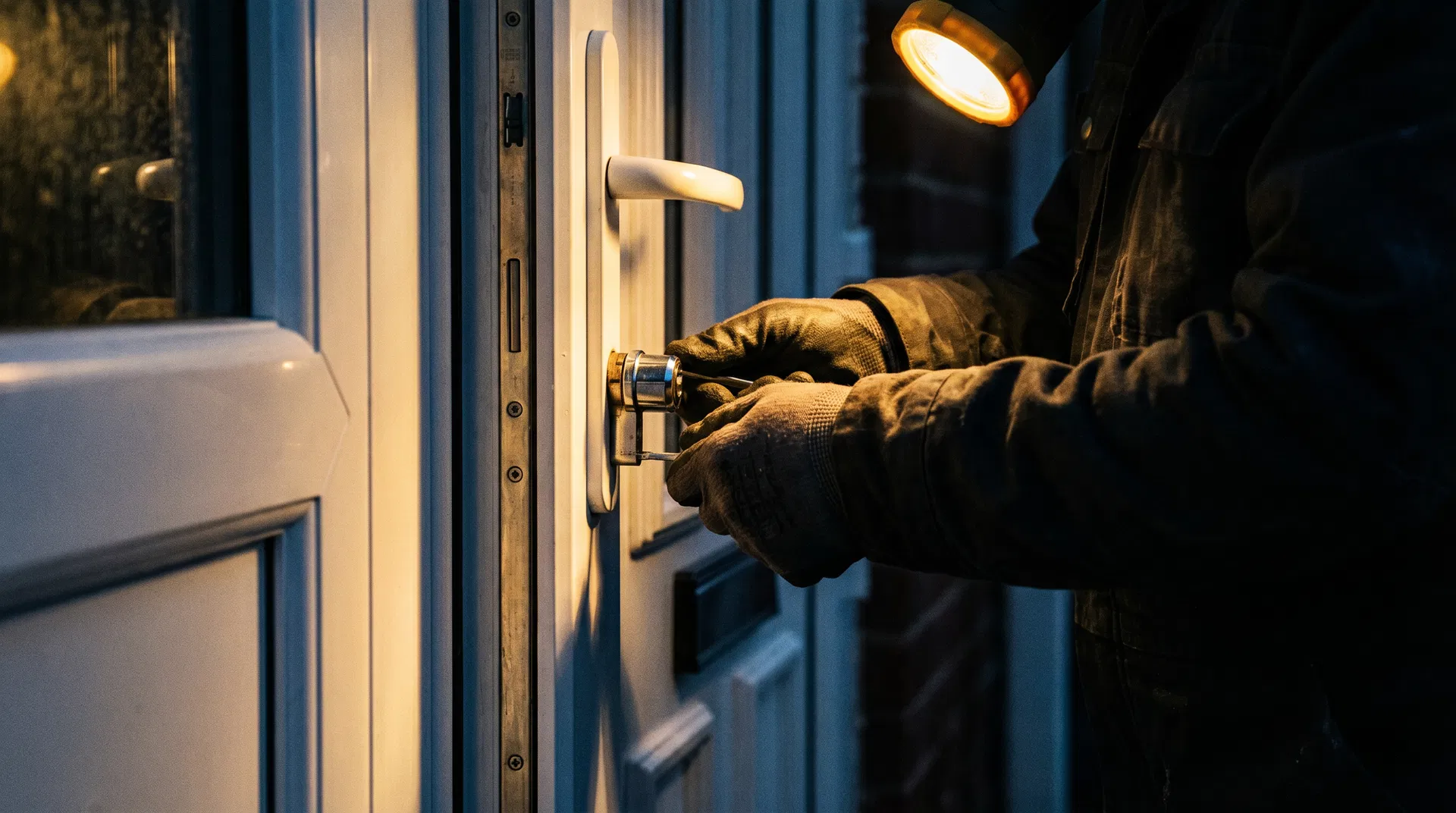 Professional locksmith working at night