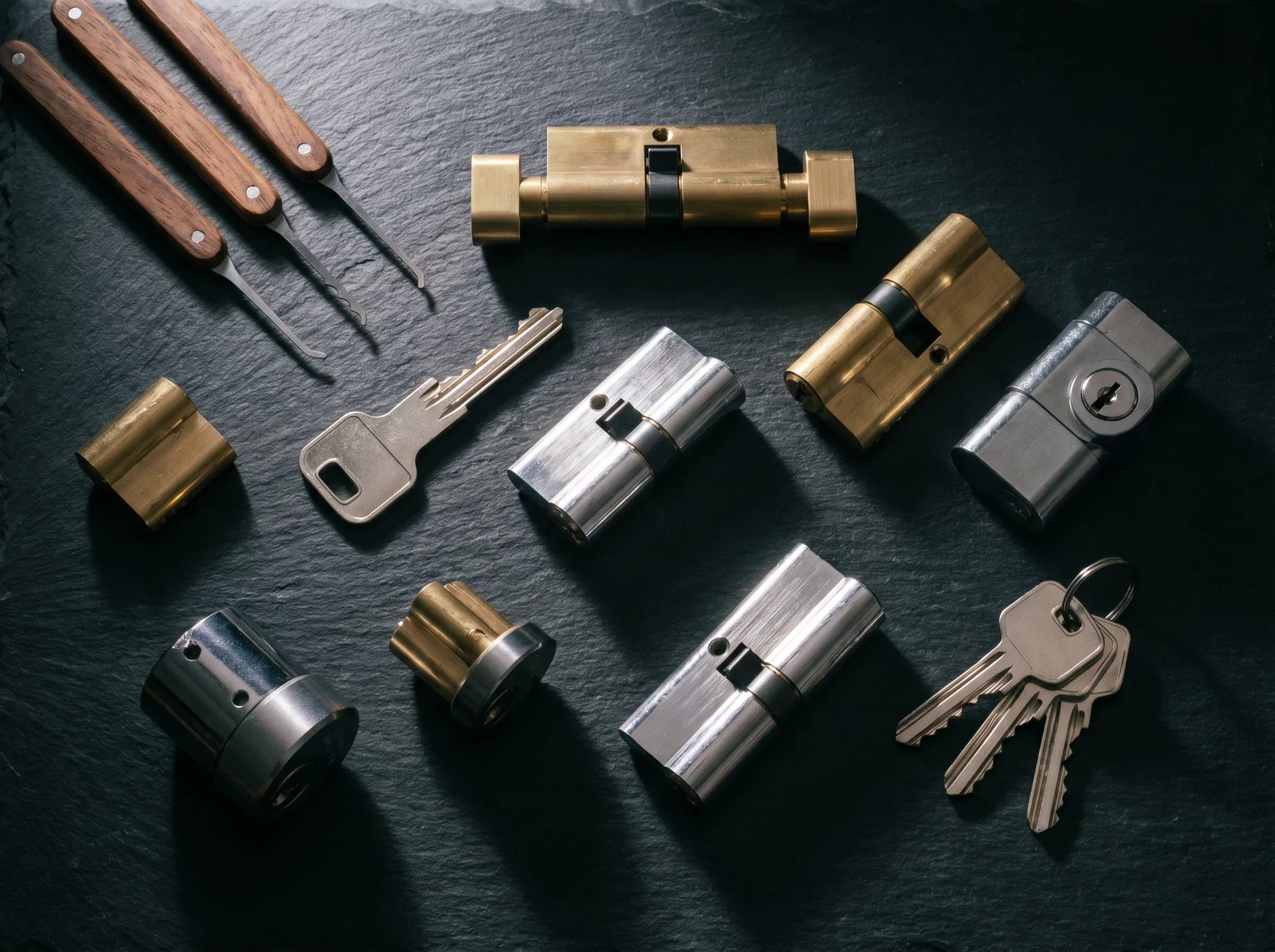 Professional locksmith tools and high-security lock cylinders