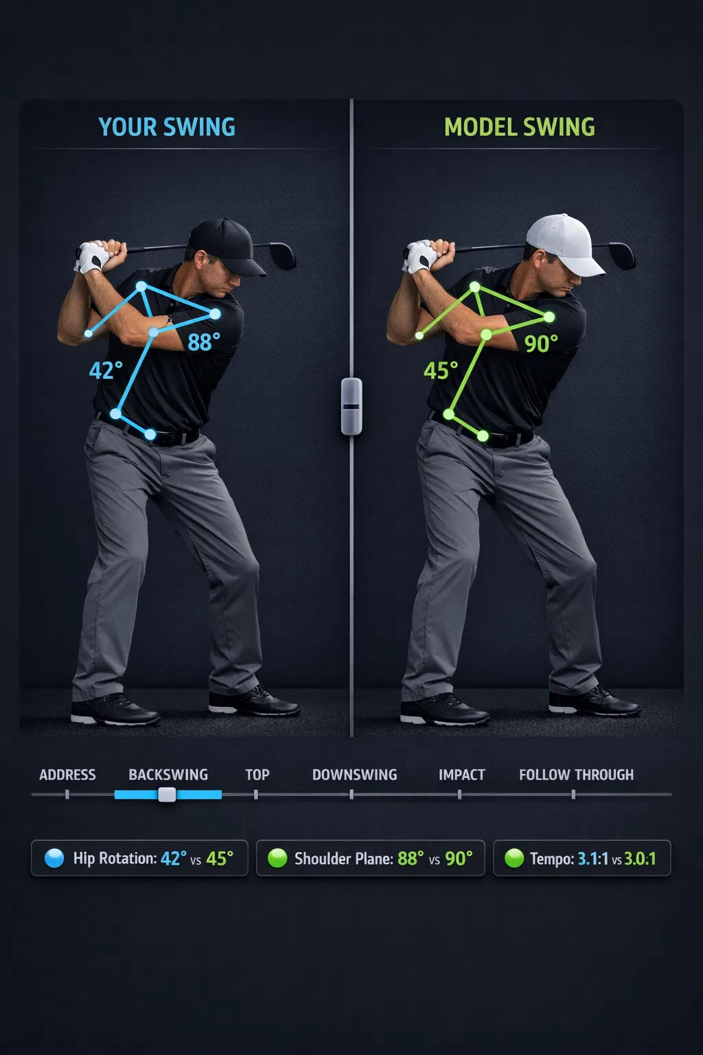Side-by-side swing comparison showing your swing with cyan skeletal overlay vs AI model swing with green overlay, with biomechanics metrics