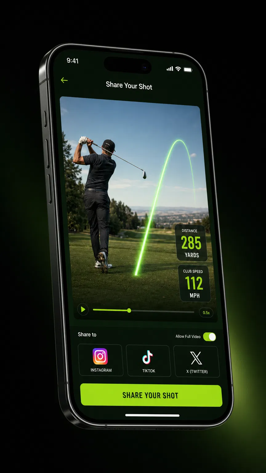 Trackio Golf social sharing feature - share your best shots to Instagram, TikTok, and X