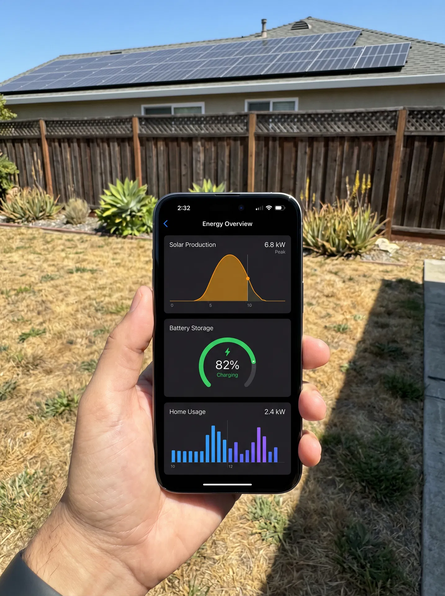 Solar energy monitoring app on iPhone showing production, battery, and usage data