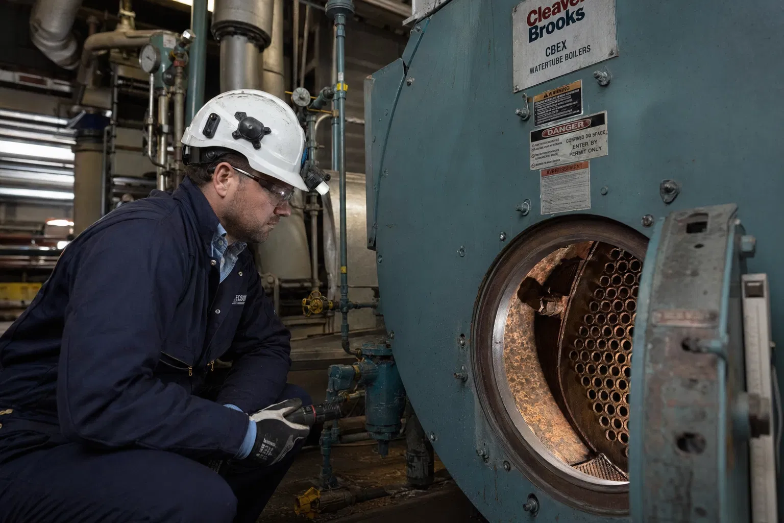 Boiler repair technician inspecting a commercial boiler system in the field