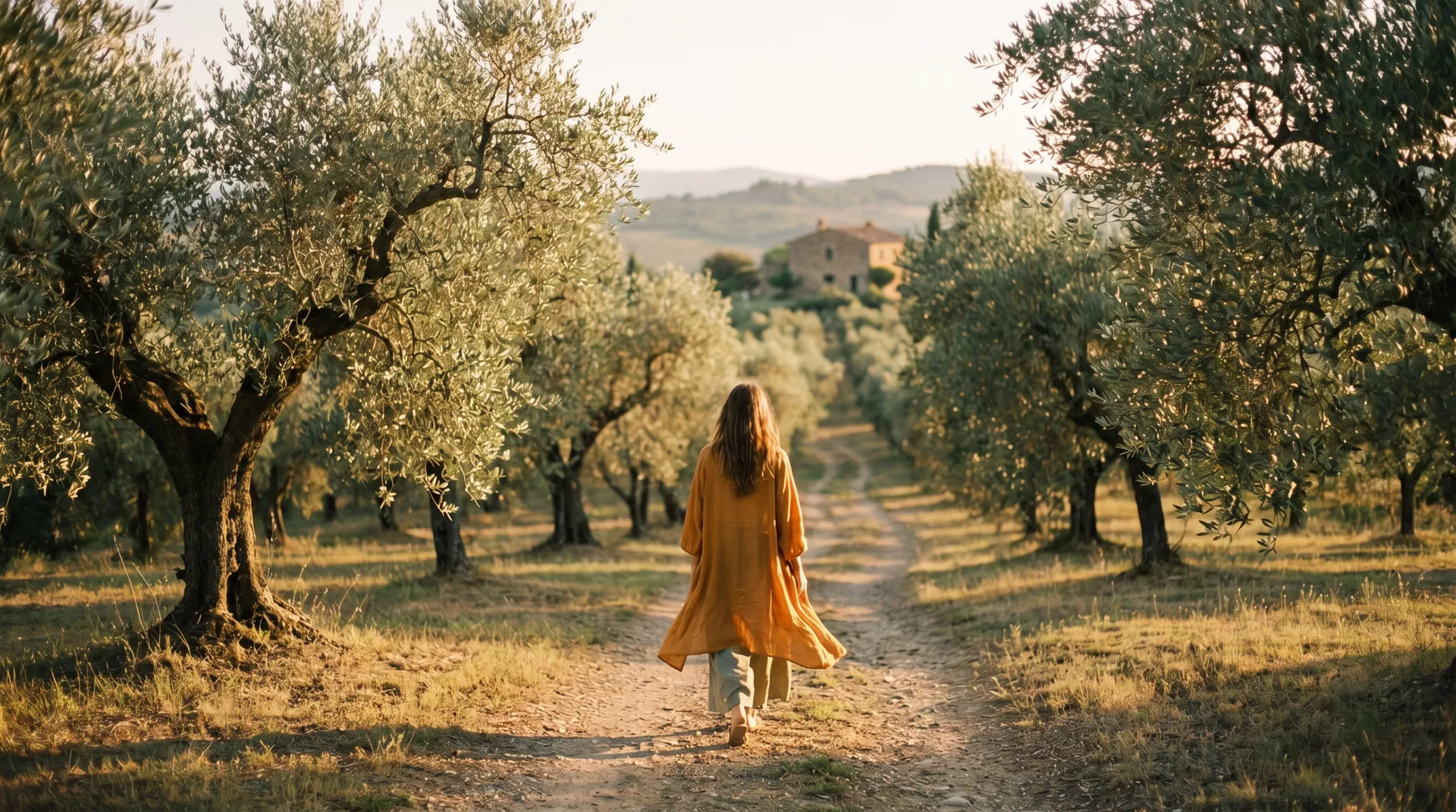 Tuscan olive grove at sunset