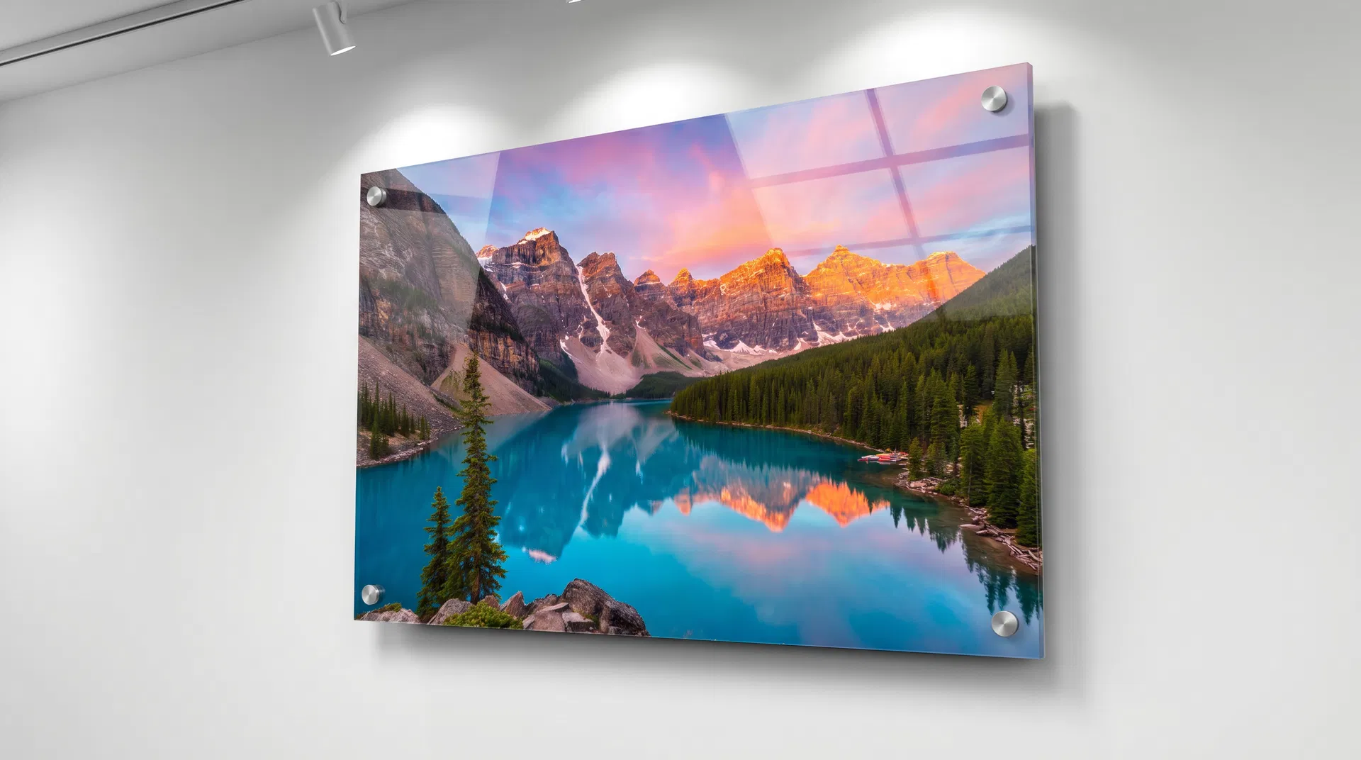 Stunning acrylic photo print on modern white wall with dramatic lighting