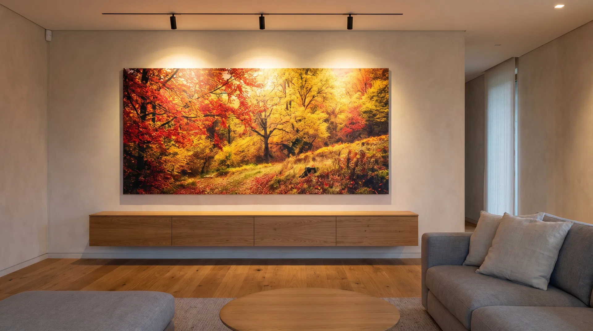 Modern living room with gallery-quality autumn landscape canvas print