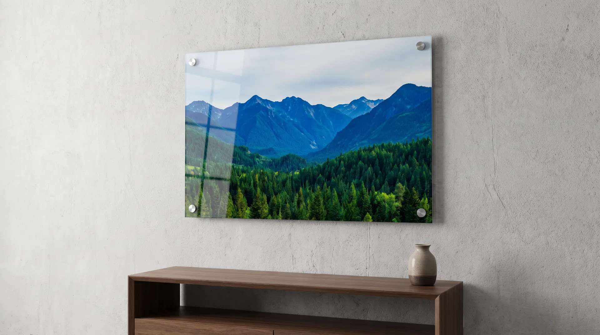 Elegant glass photo print on white wall showing crystal clarity and mountain landscape