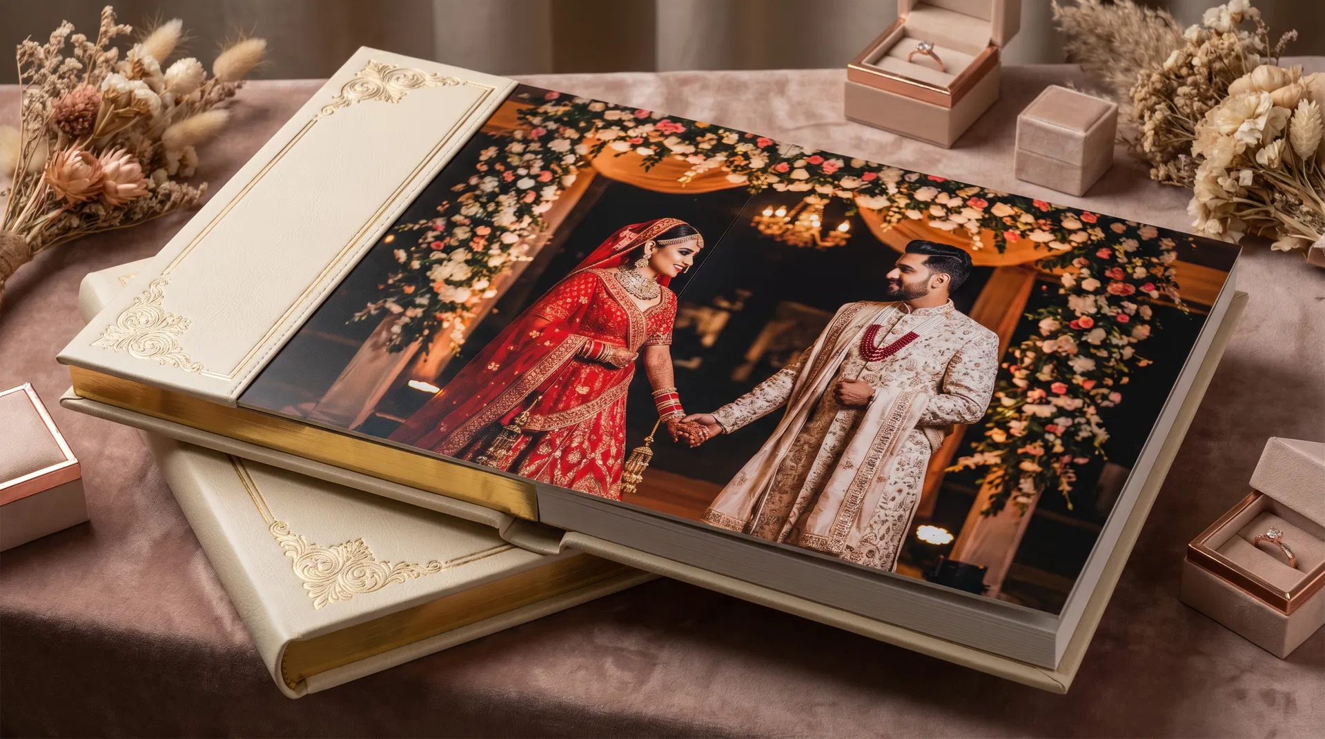 Premium wedding album with Indian couple in traditional attire, edge-to-edge photos