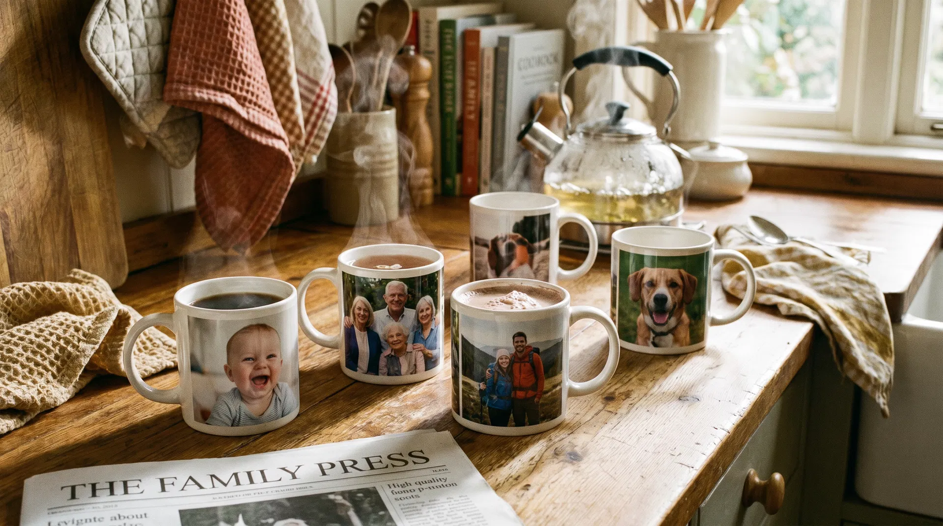 Premium personalized photo mugs displayed on kitchen counter with hot beverages