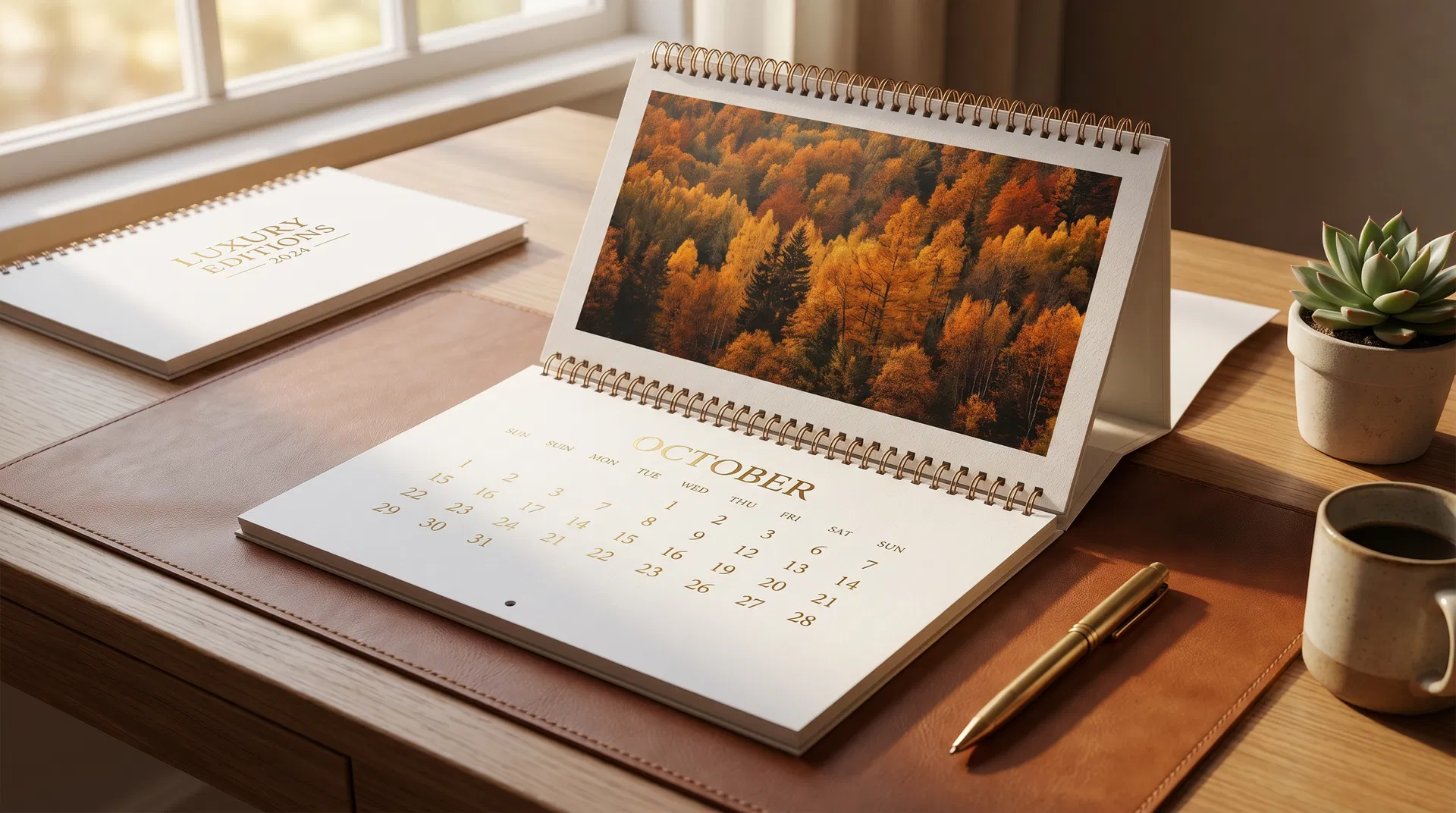Premium photo calendar displayed on desk showing beautiful monthly photos