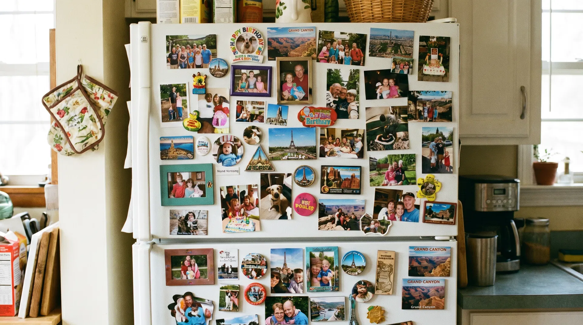 Colorful photo magnets arranged on refrigerator displaying family memories
