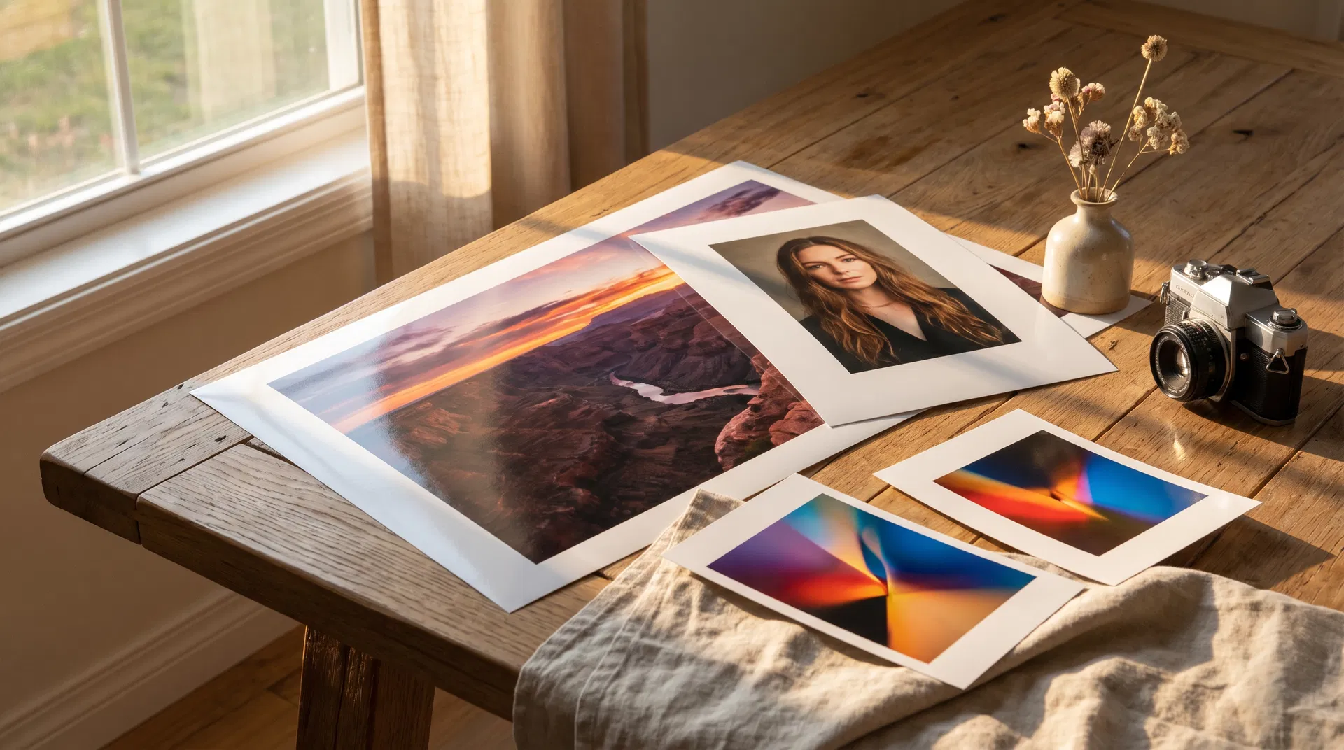 Professional photo prints displayed on wooden table with warm lighting