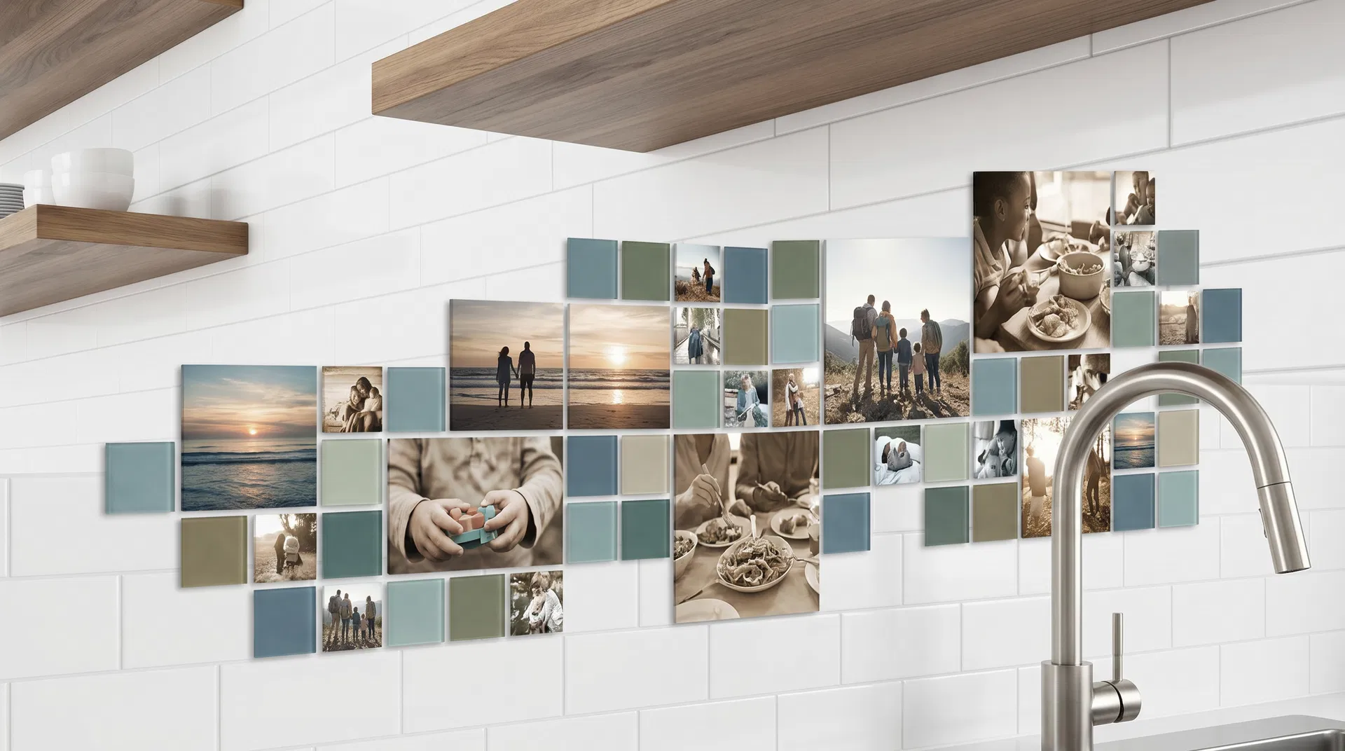 Decorative photo tiles arranged on kitchen wall creating beautiful mosaic pattern