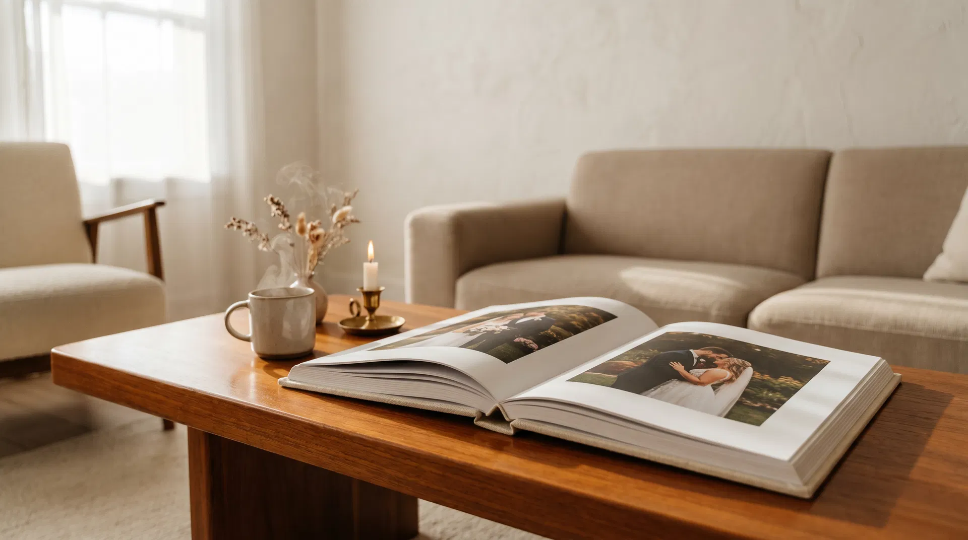 Premium photobook displayed on coffee table with warm natural lighting