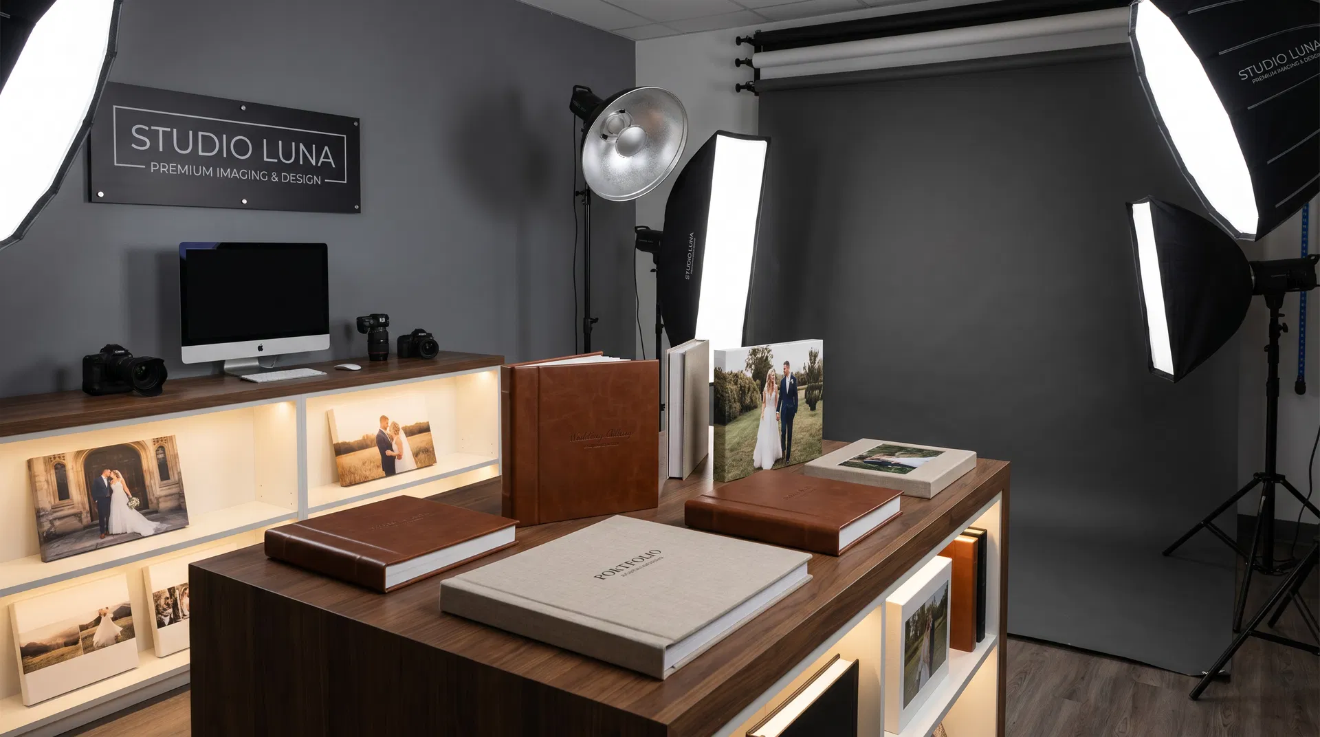 Professional photography studio with premium albums and portfolio display