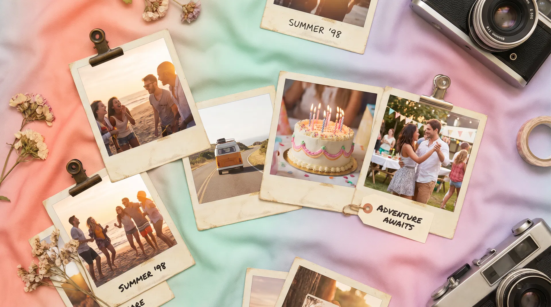 Colorful flat-lay of vintage polaroid prints with retro aesthetic