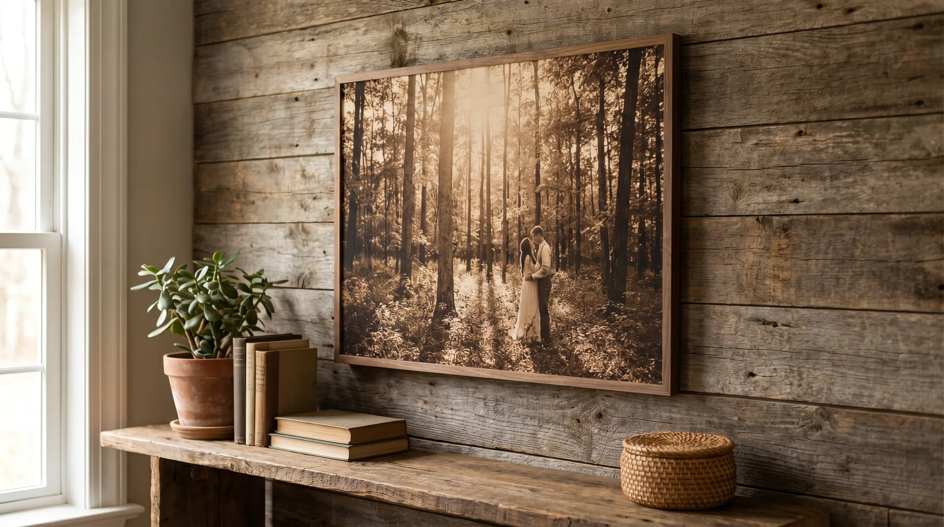 Beautiful wooden photo print on rustic wall showing warm tones and natural texture